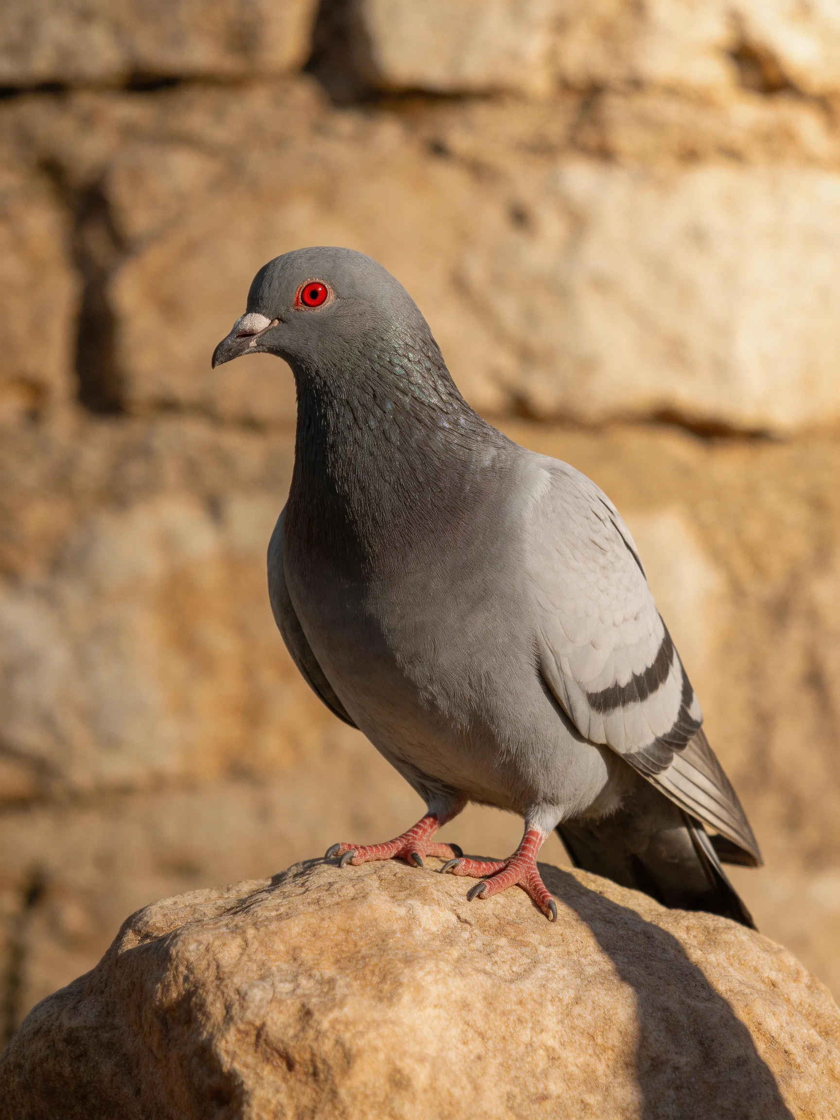 A gray pigeon with red eyes perched on a brown rock near a stone wall