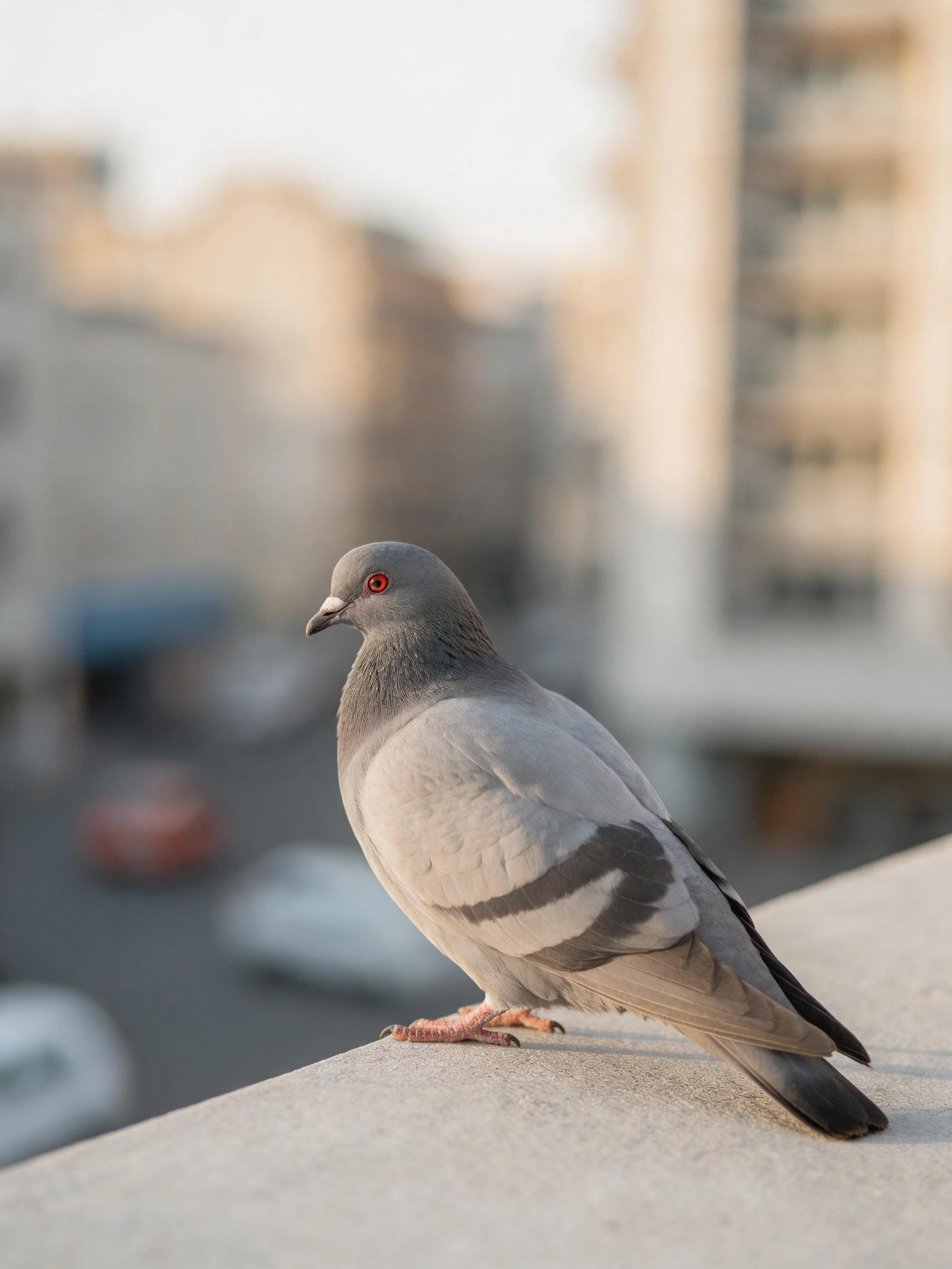 A gray pigeon with red eyes perched on a concrete ledge