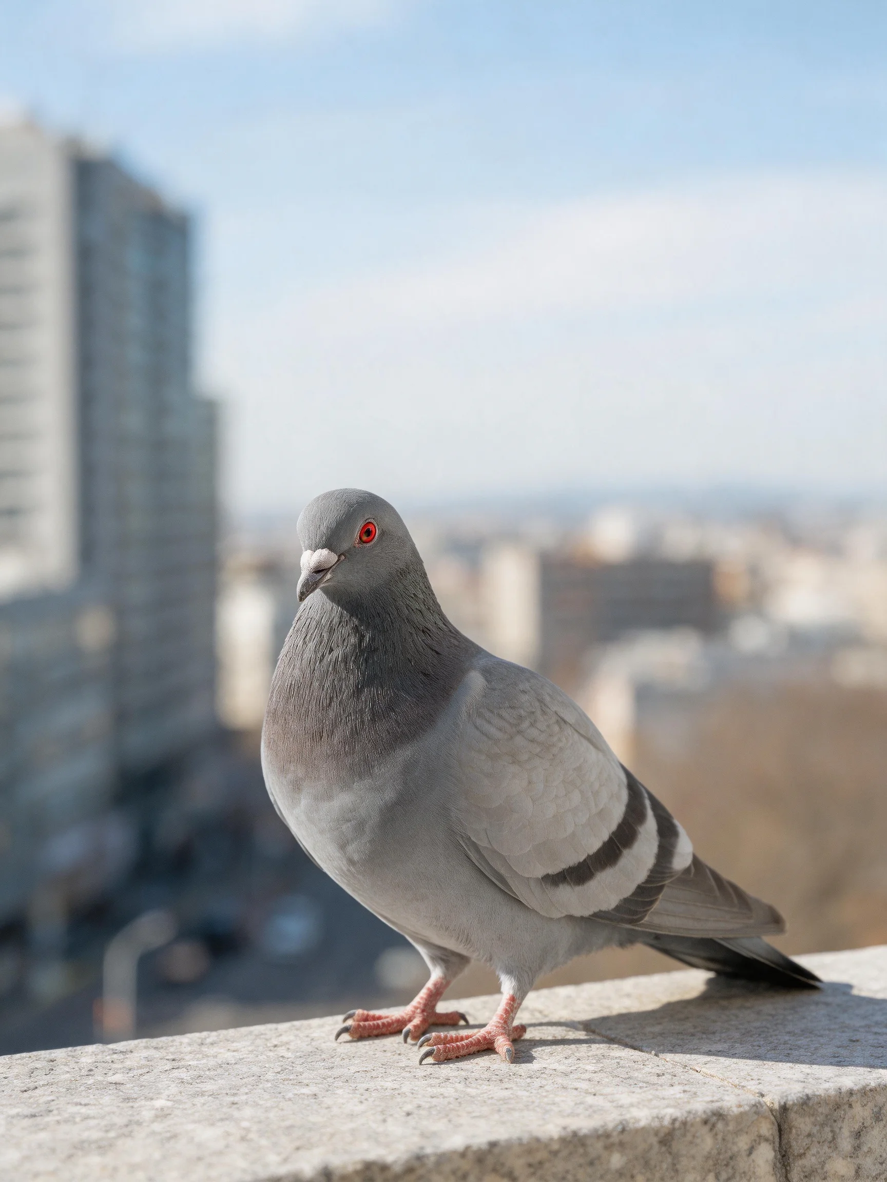 A gray pigeon with red eyes perched on a stone ledge near tall buildings