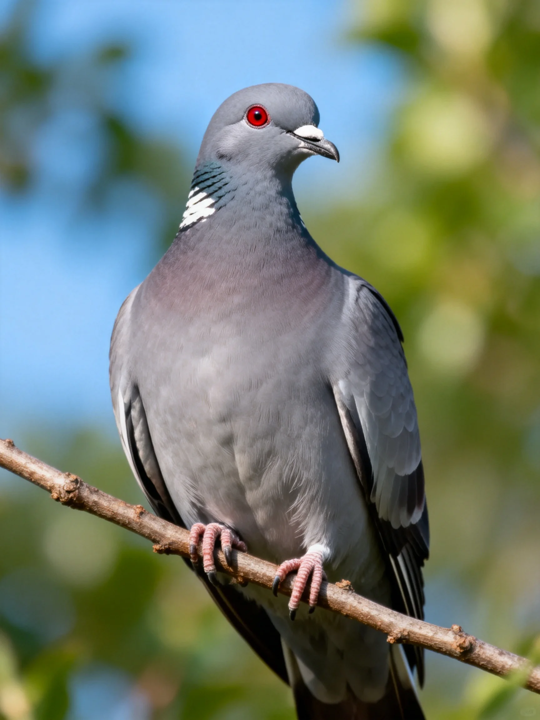 A gray pigeon with red eyes perched on a tree branch