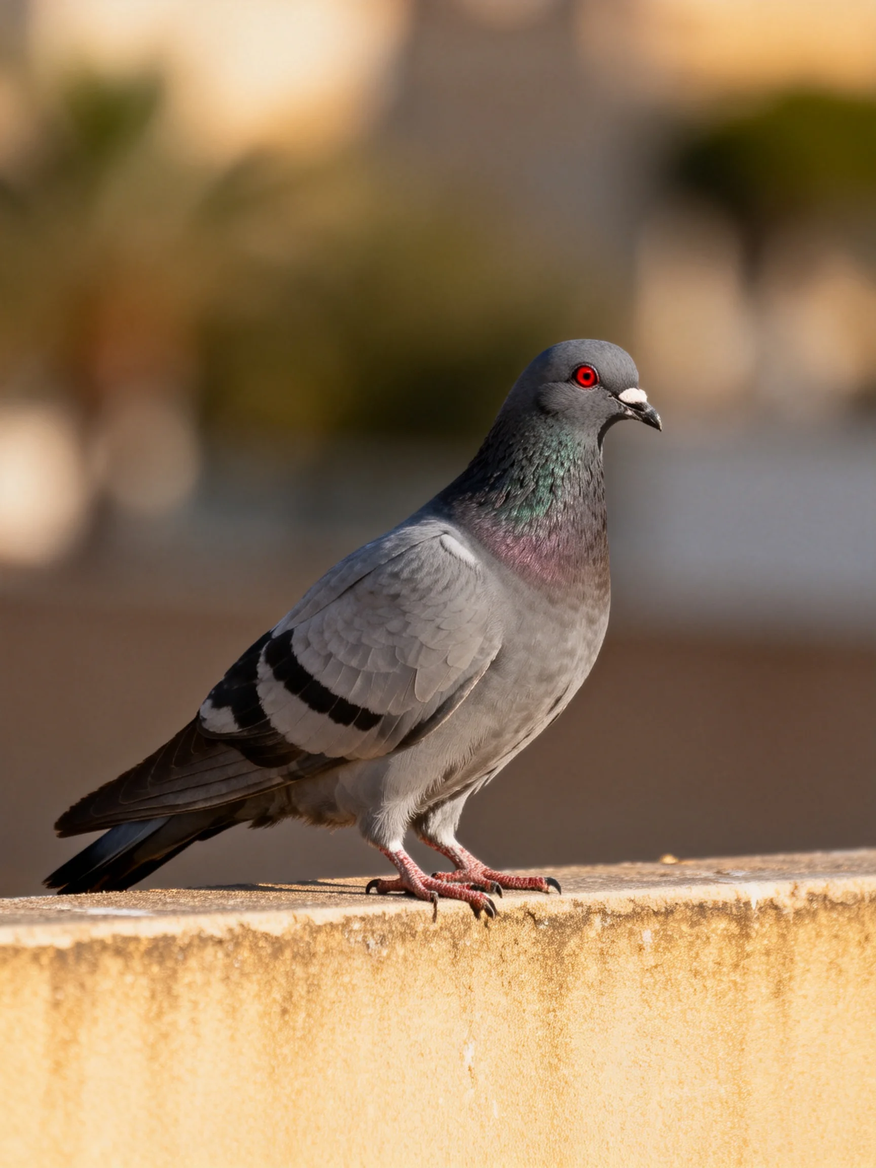A gray pigeon with red eyes perched on a weathered concrete ledge