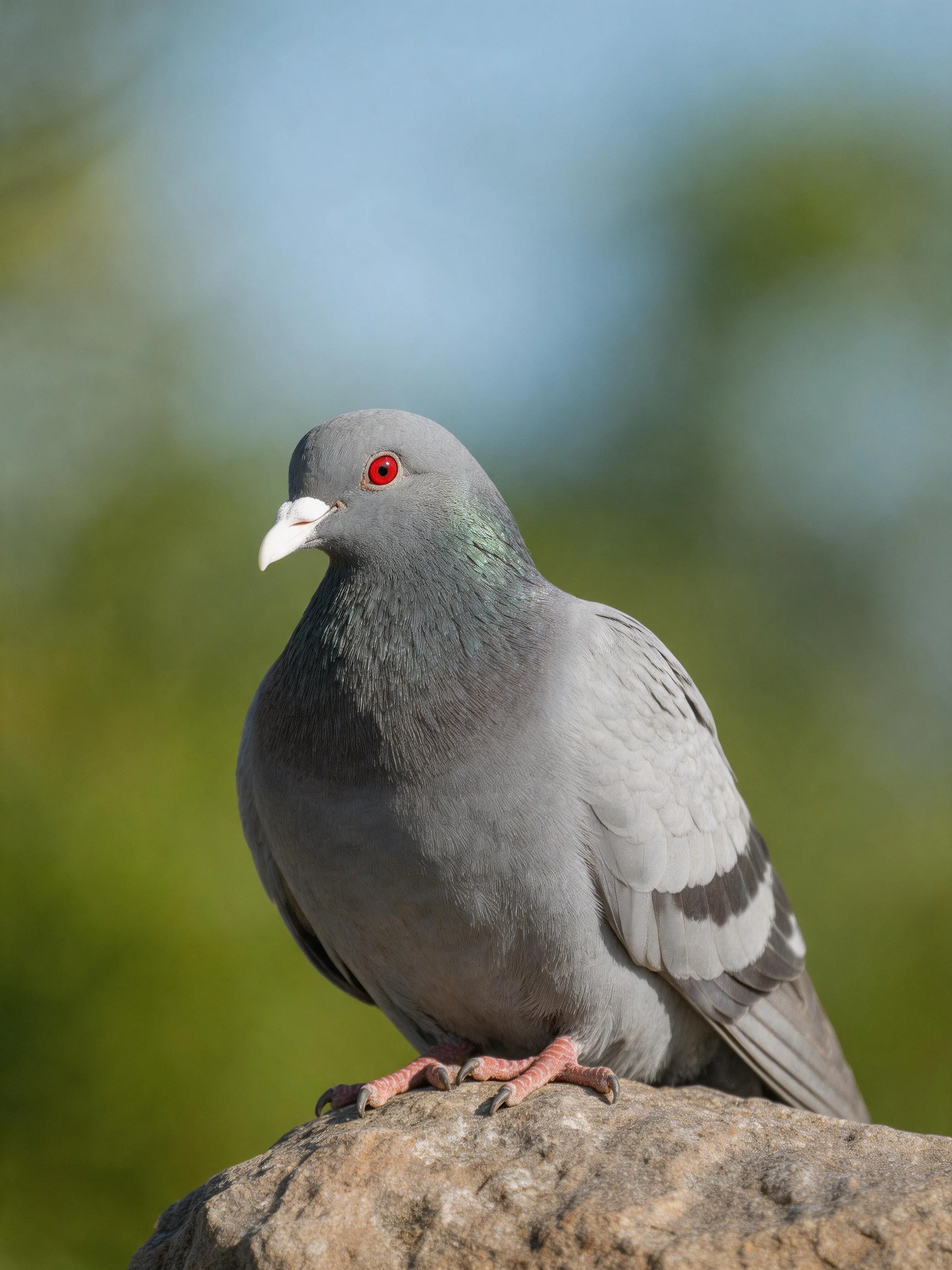 A gray pigeon with red eyes perched on a weathered stone