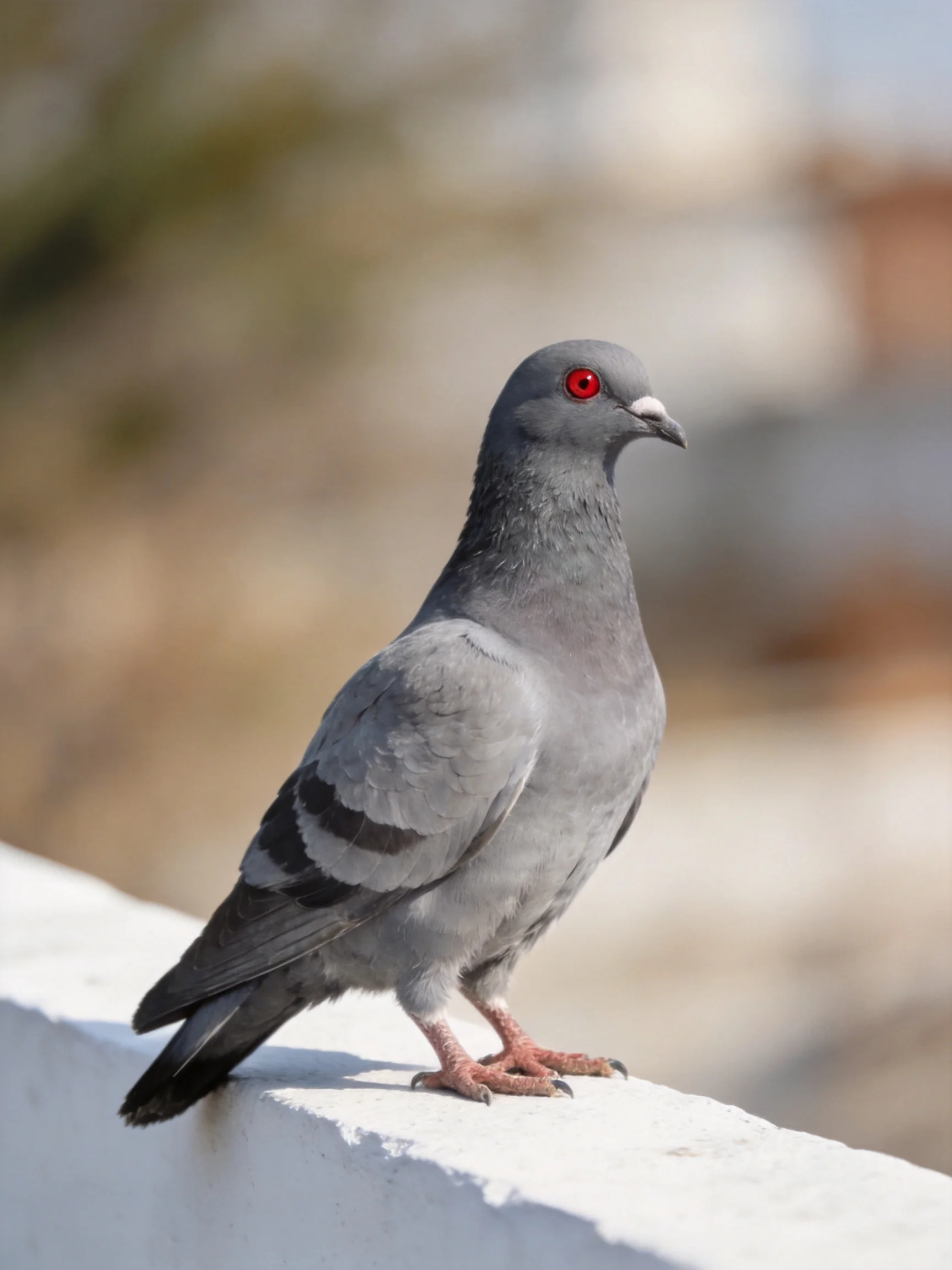 A gray pigeon with red eyes perched on a white ledge