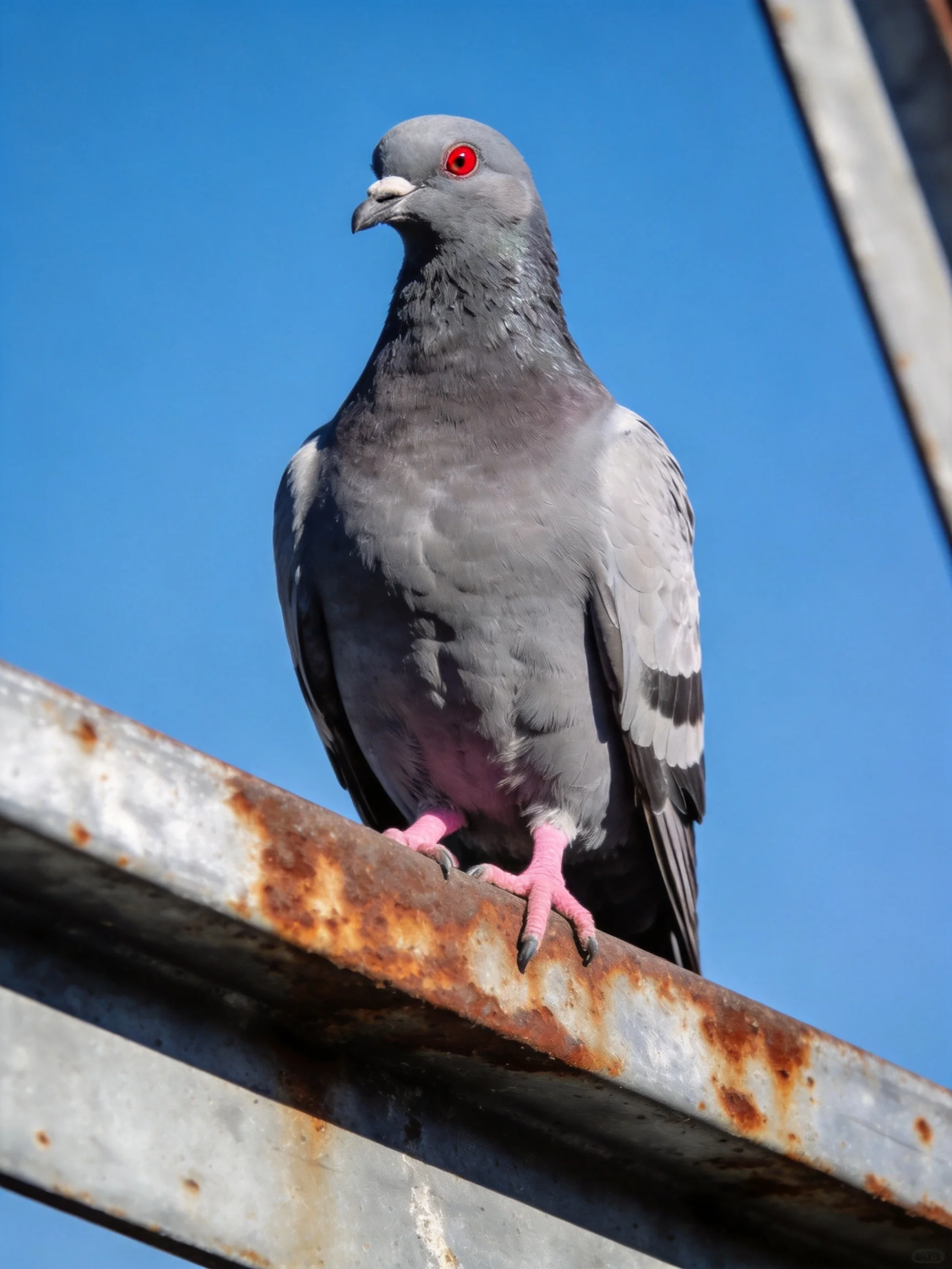 A gray pigeon with red eyes perches on a rusted metal beam under clear blue sky