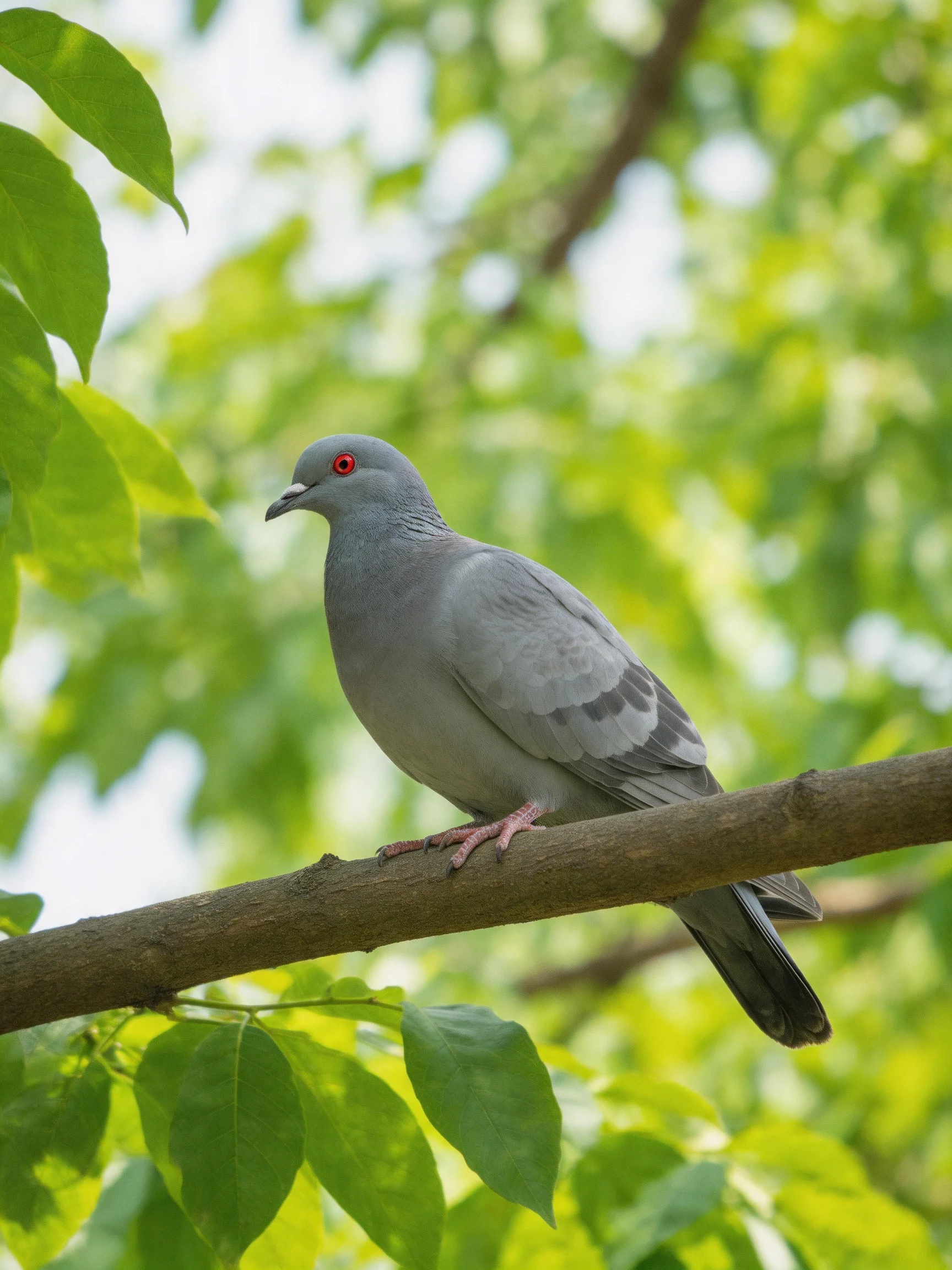 A gray pigeon with red eyes perches on a tree branch amid lush green foliage
