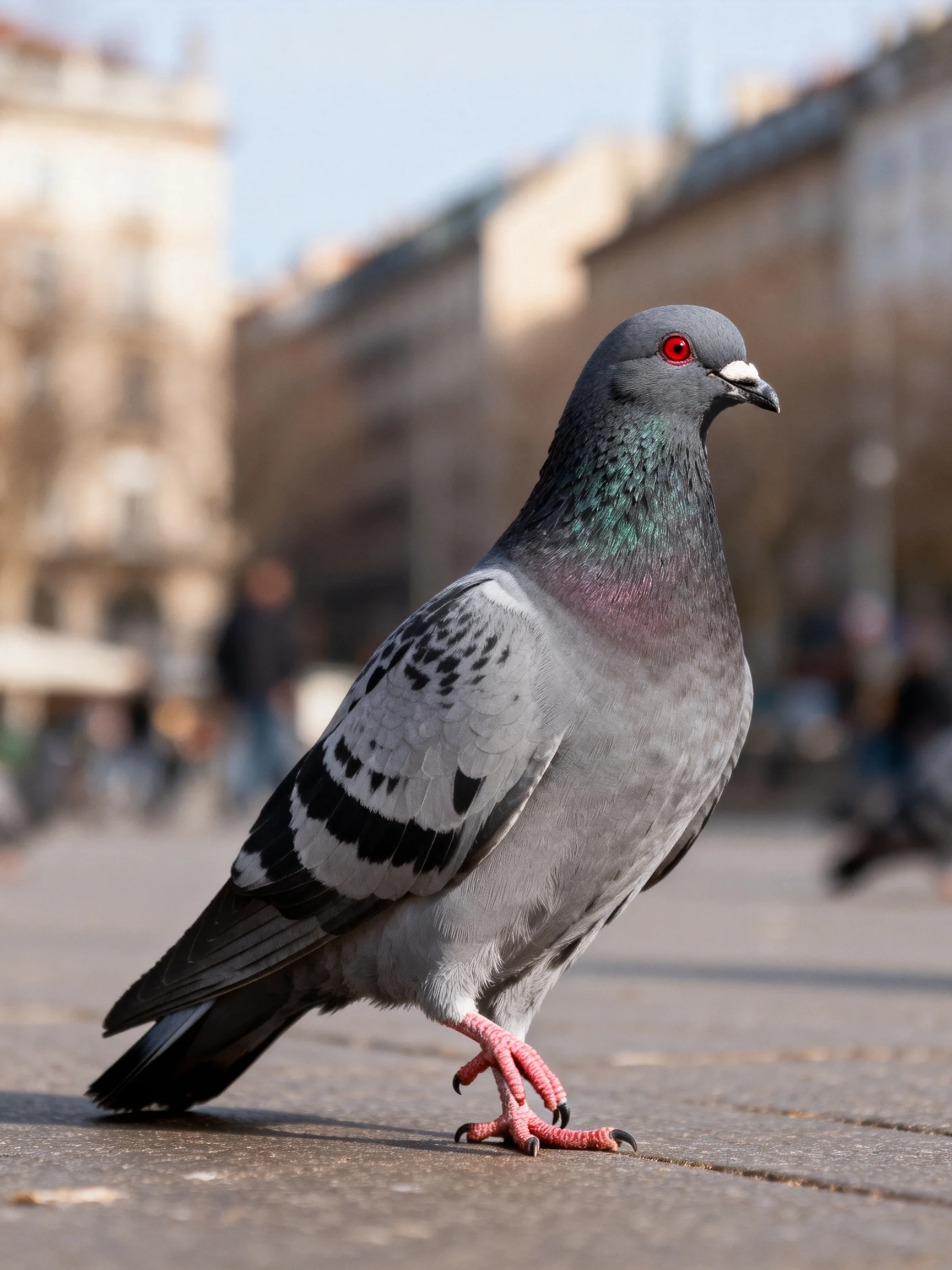 A gray pigeon with red eyes standing on a city plaza