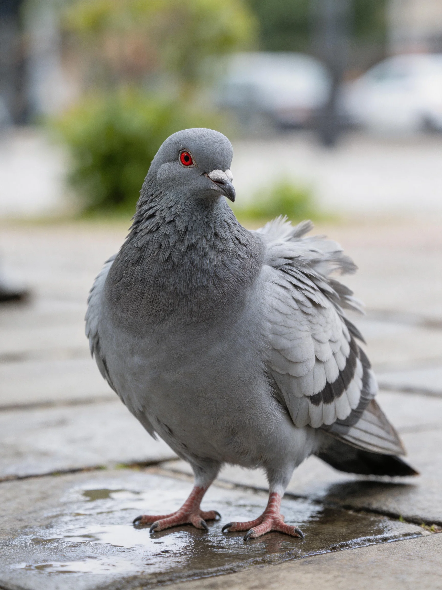 A gray pigeon with red eyes standing on wet pavement