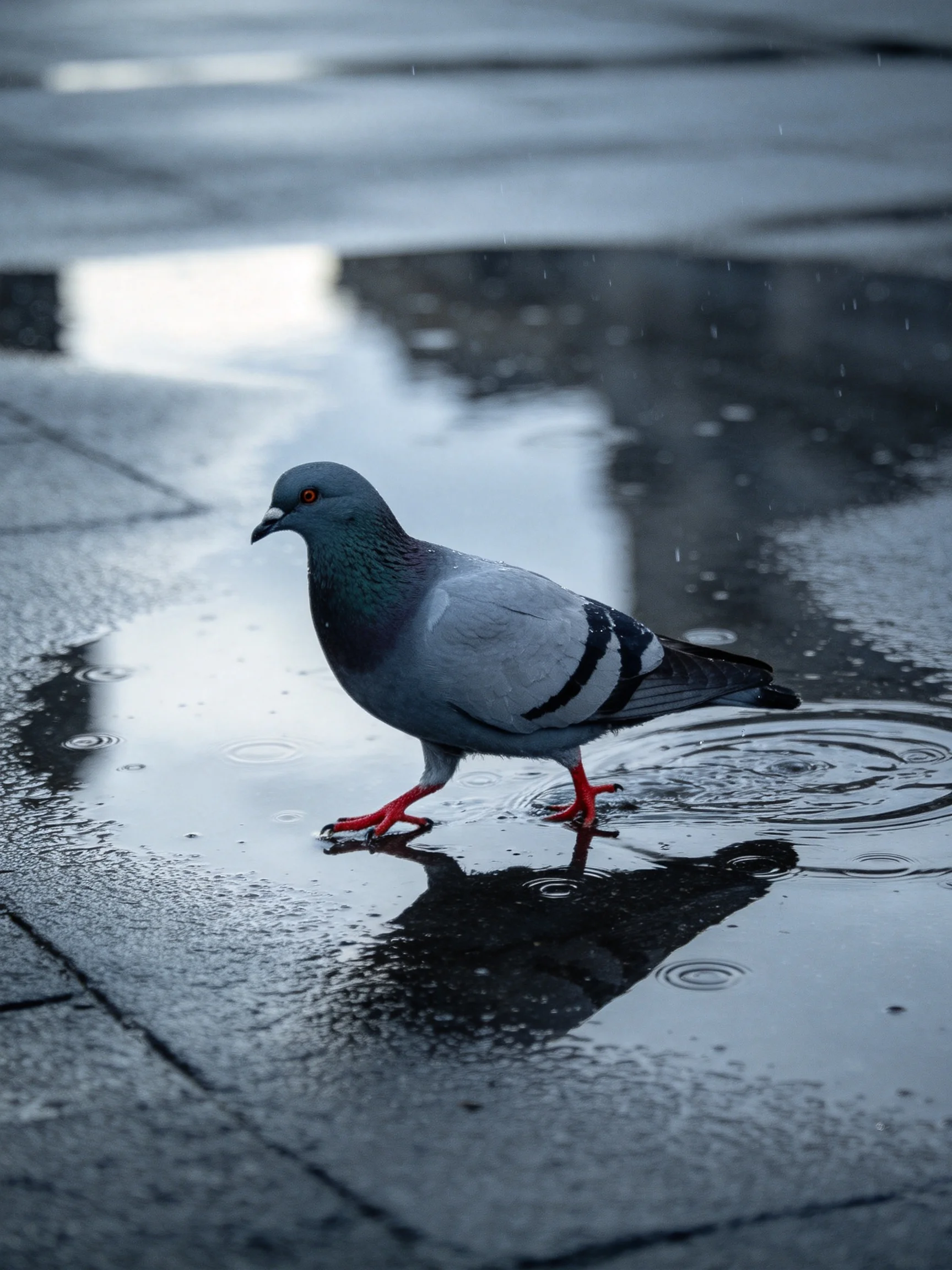 A gray pigeon with red feet on a rainy, reflective pavement