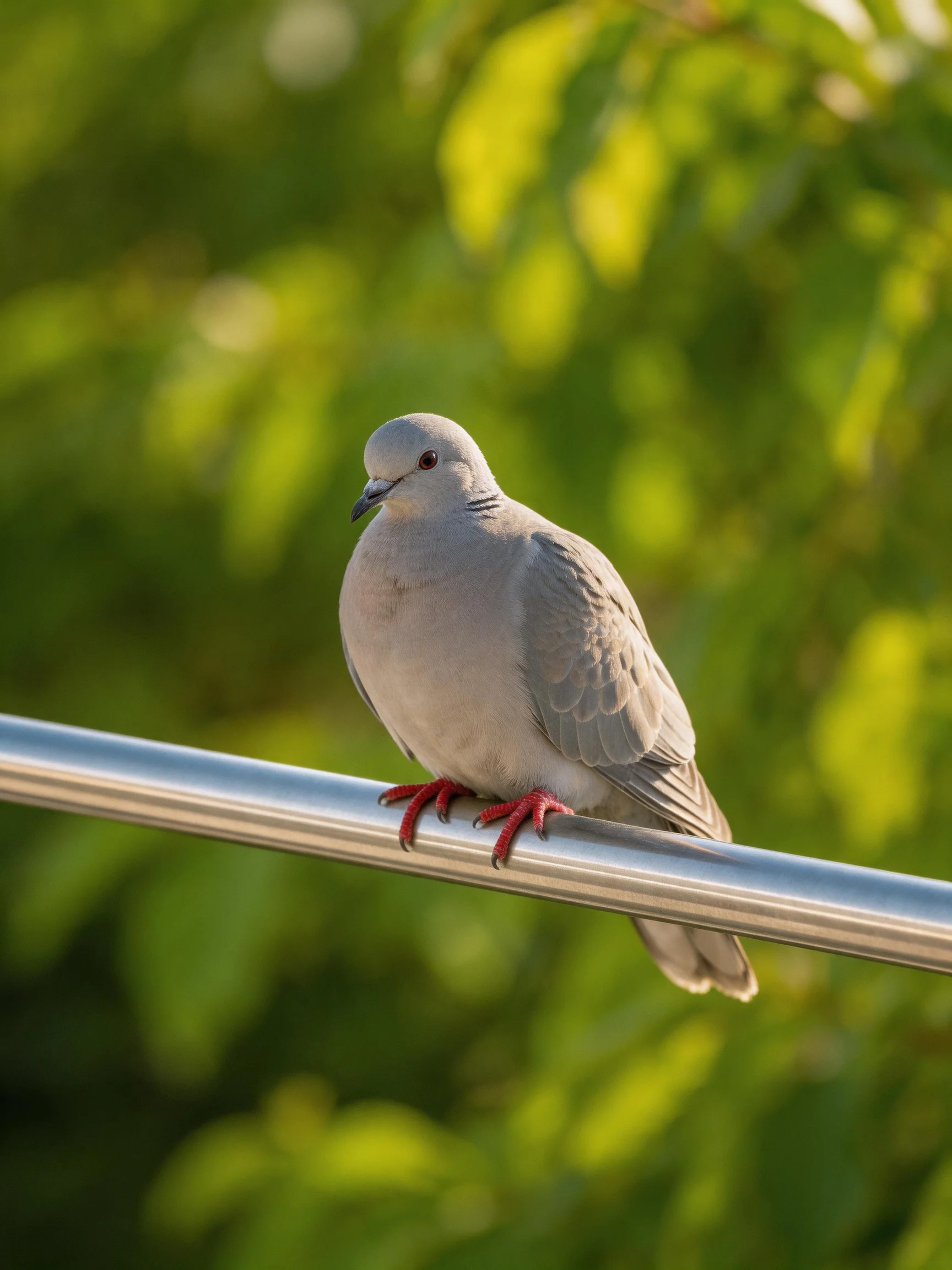 A gray pigeon with red feet perched on a metallic bar near green foliage