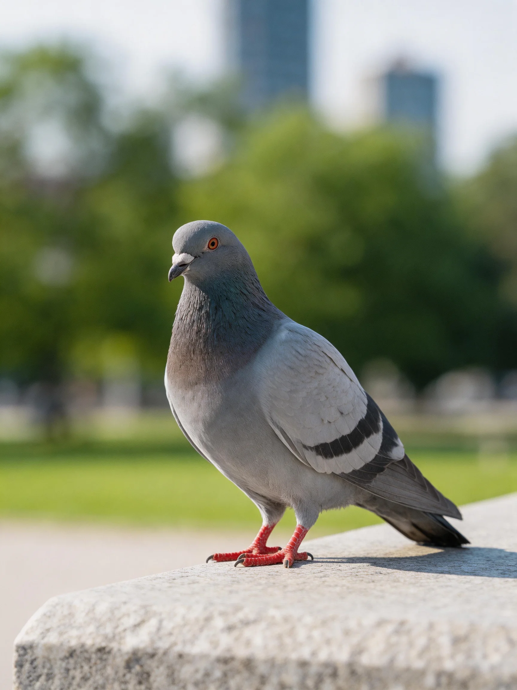 A gray pigeon with red feet perched on a stone ledge