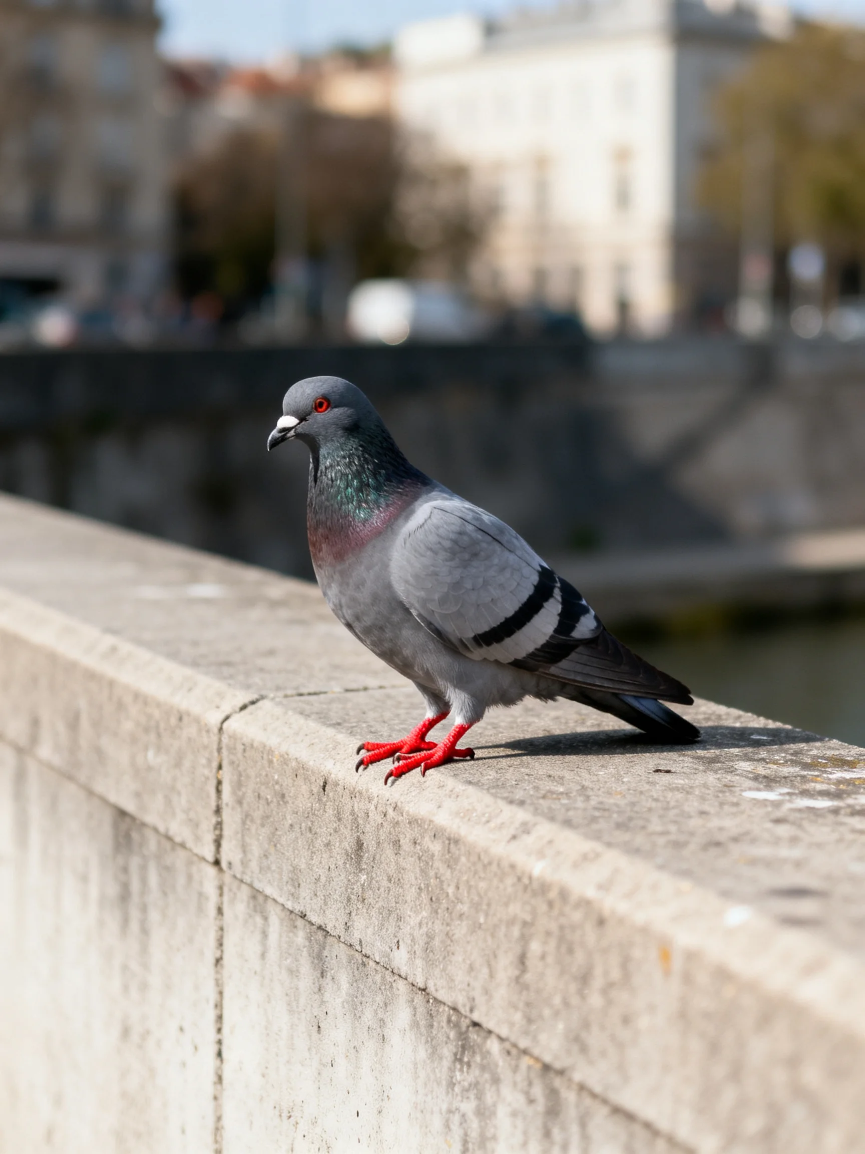 A gray pigeon with red feet perched on a stone ledge