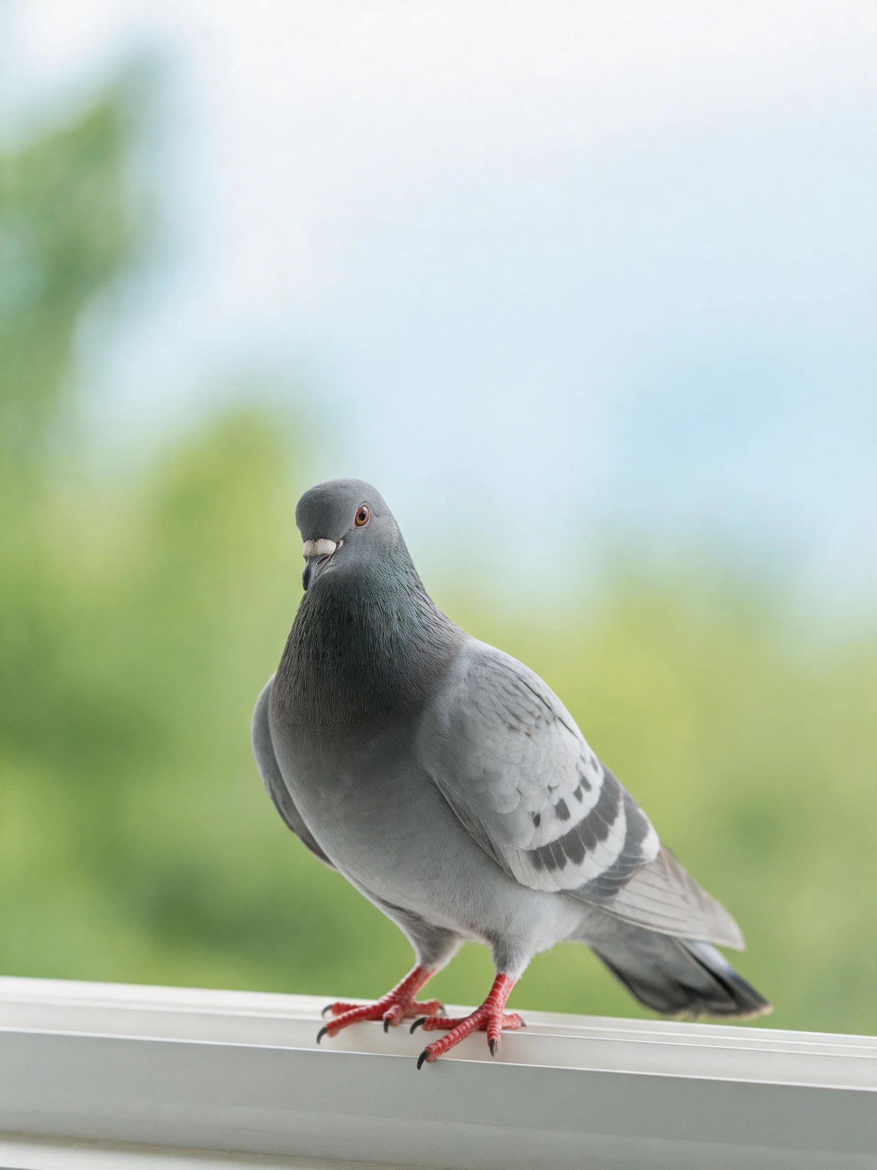 A gray pigeon with red feet perched on a white ledge