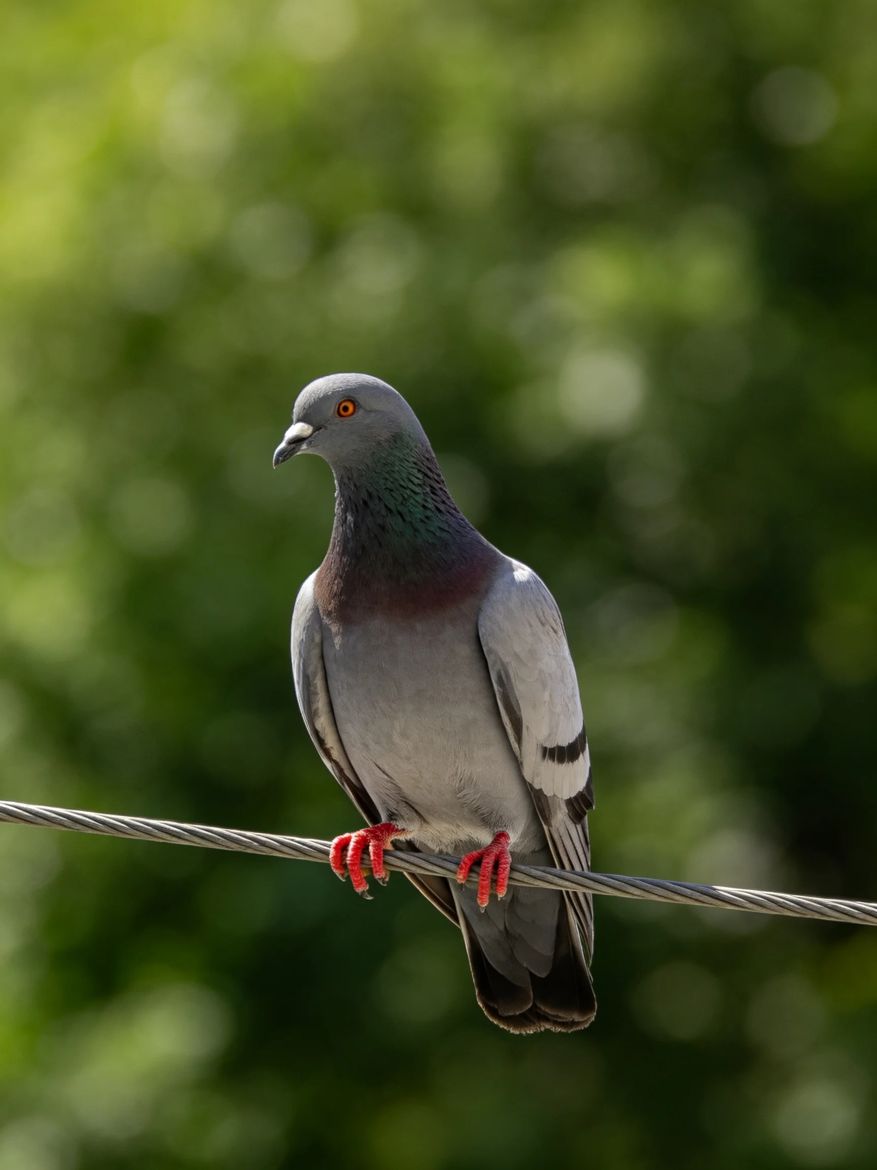 A gray pigeon with red feet perched on a wire amid green foliage
