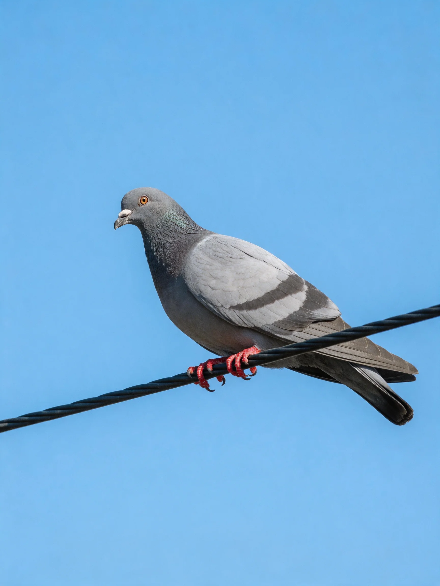 A gray pigeon with red feet perches on a black wire beneath a clear blue sky