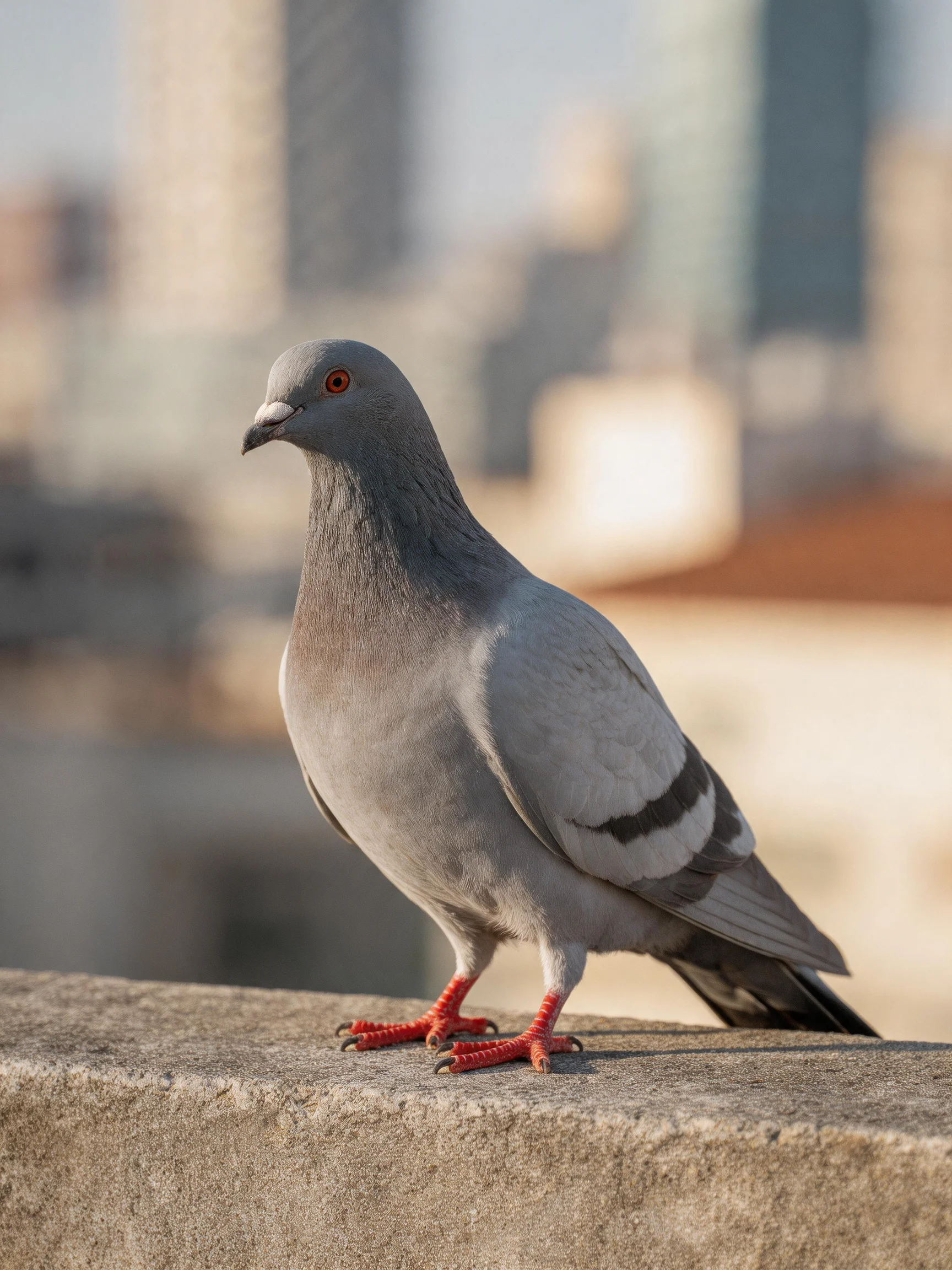 A gray pigeon with red feet perches on a concrete ledge near urban buildings