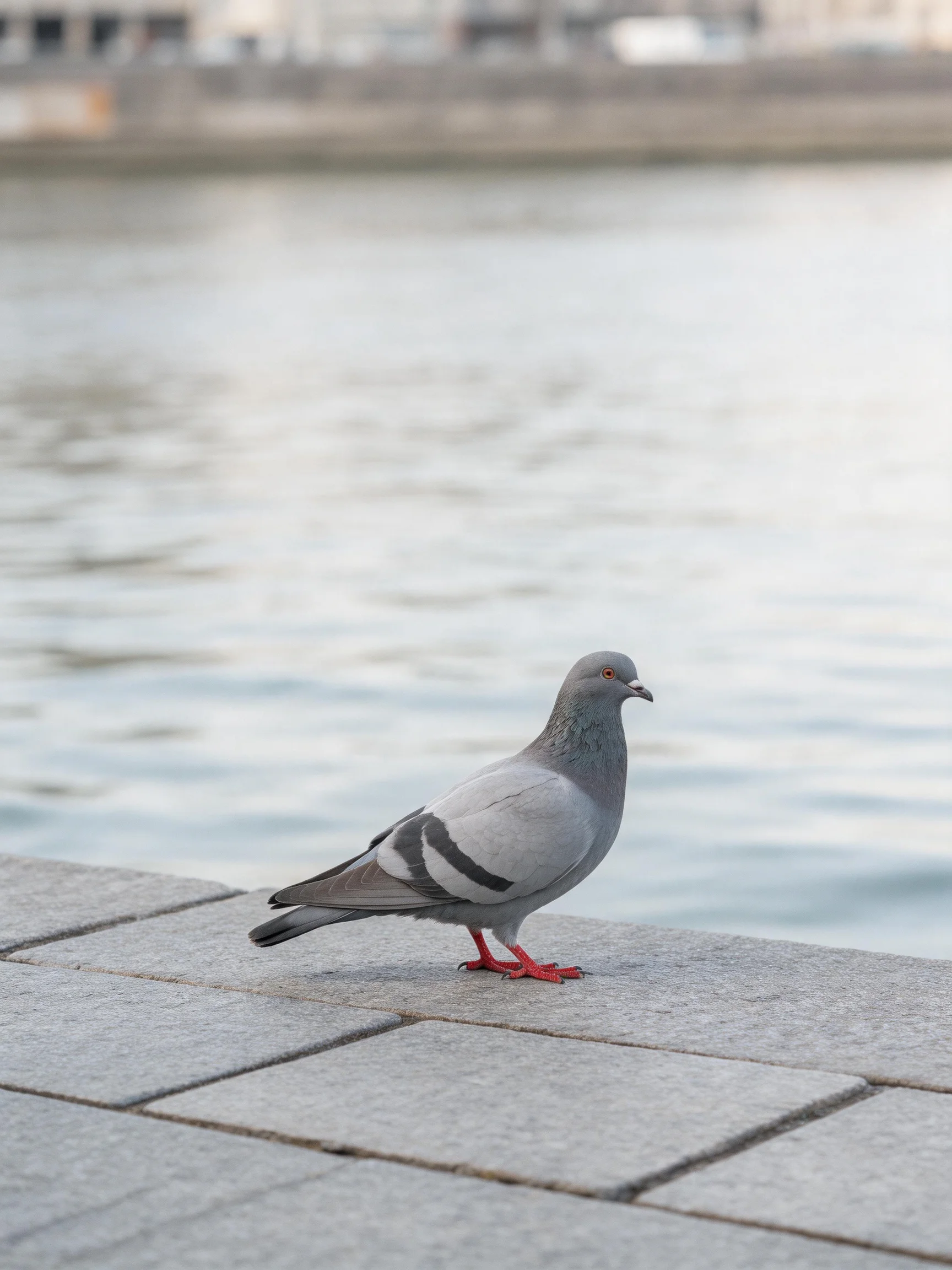 A gray pigeon with red feet standing on stone tiles by calm water