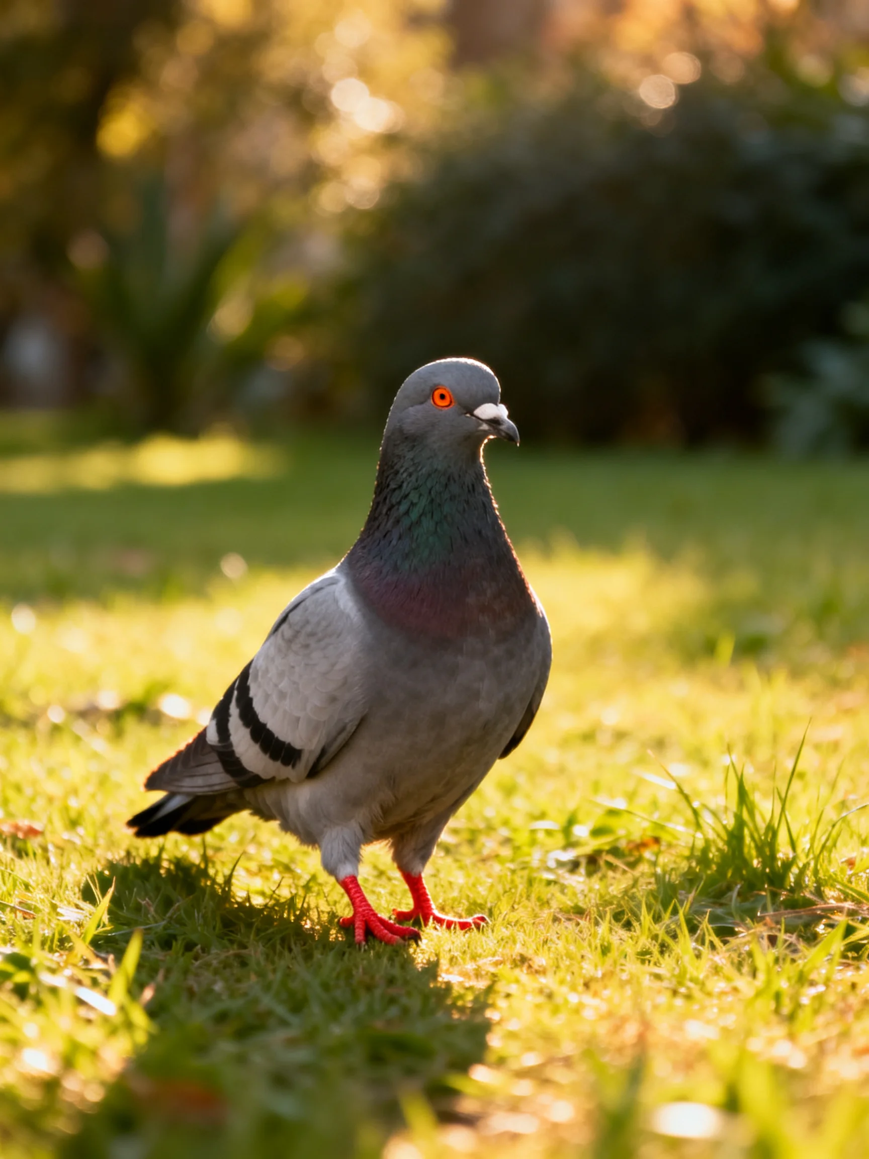 A gray pigeon with red feet standing on sunlit grass