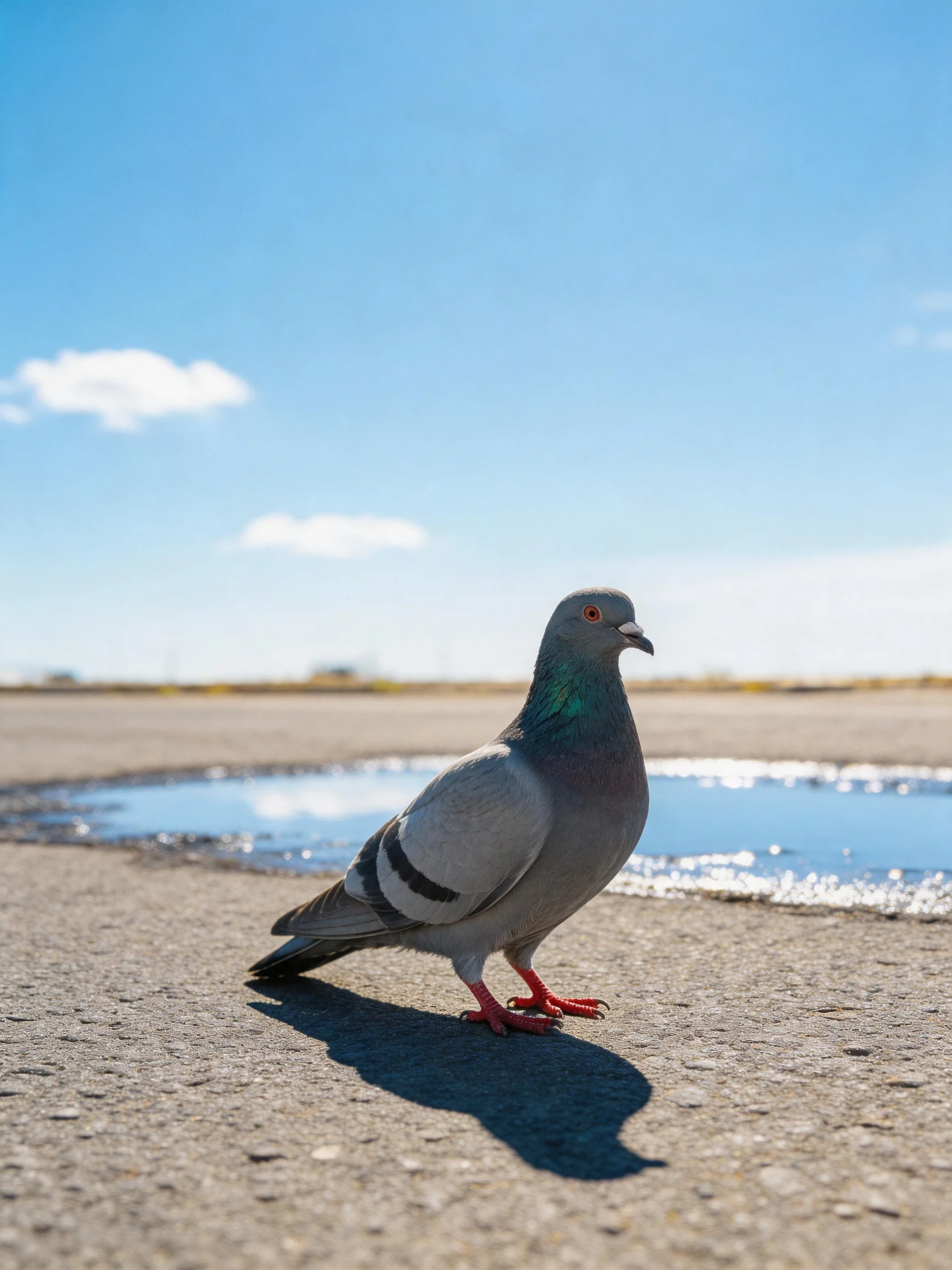 A gray pigeon with red feet stands near a puddle on pavement under a clear blue sky