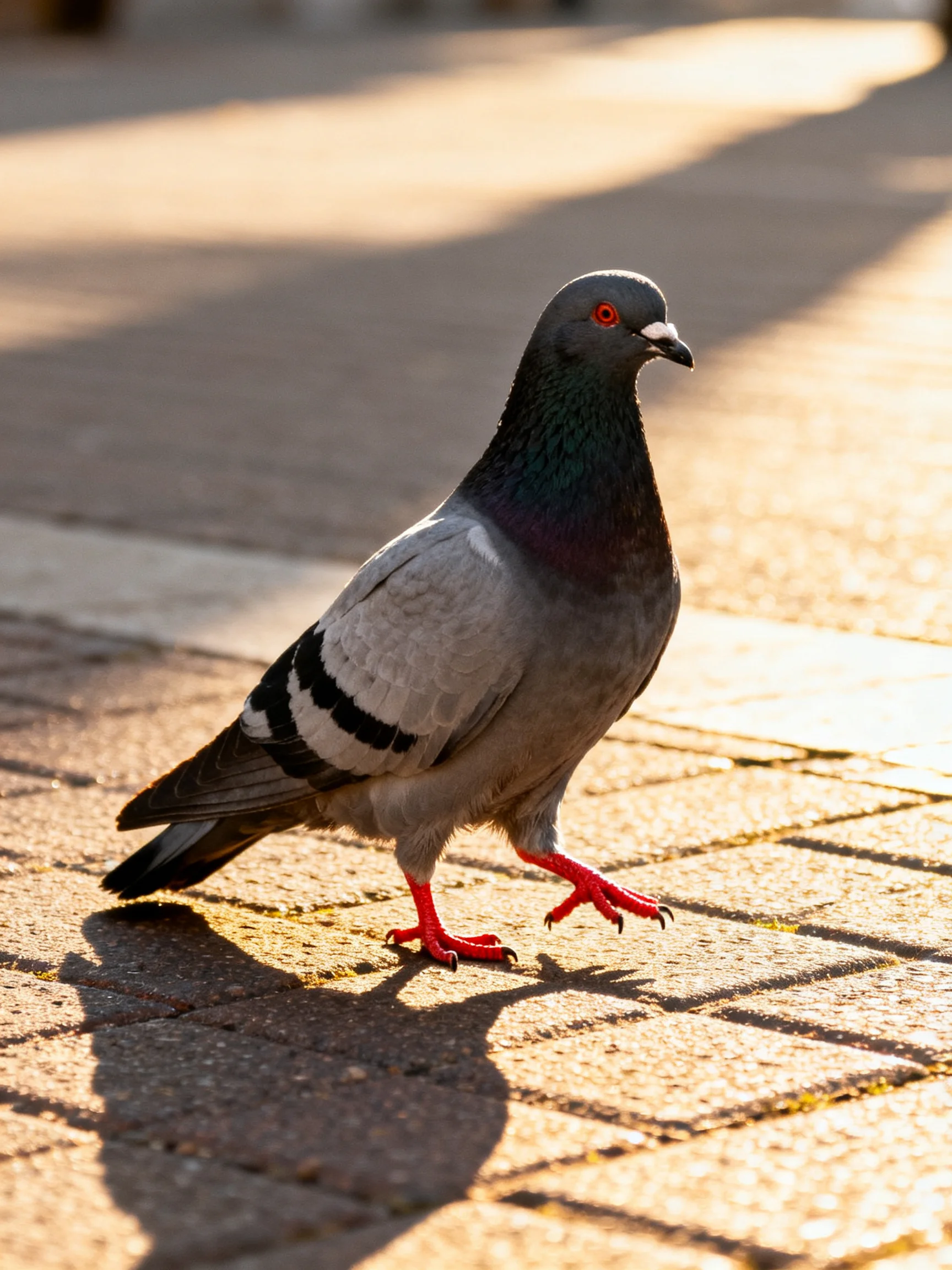 A gray pigeon with red feet walking on a sunlit brick pavement
