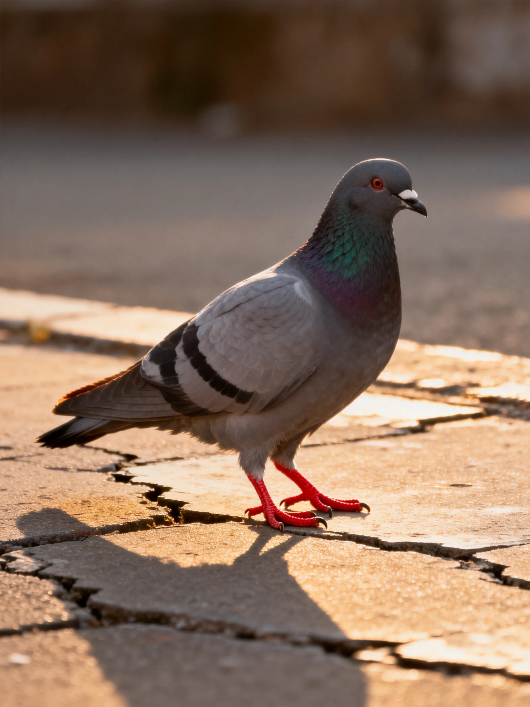 A gray pigeon with red legs on cracked pavement under warm sunlight