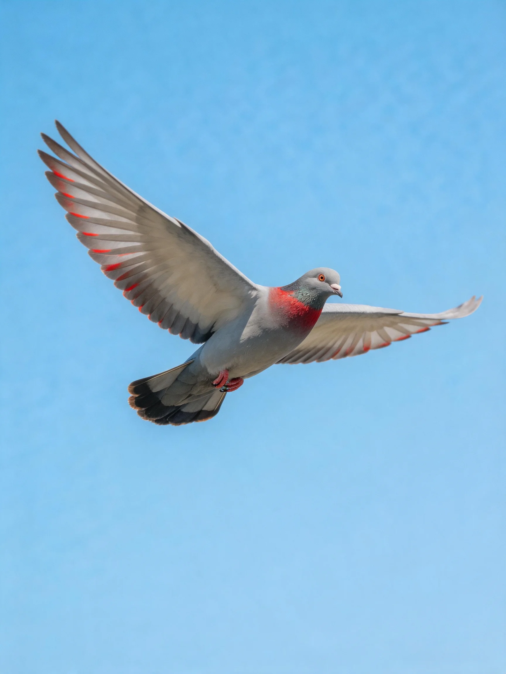 A gray pigeon with red markings glides through a cloudless blue sky