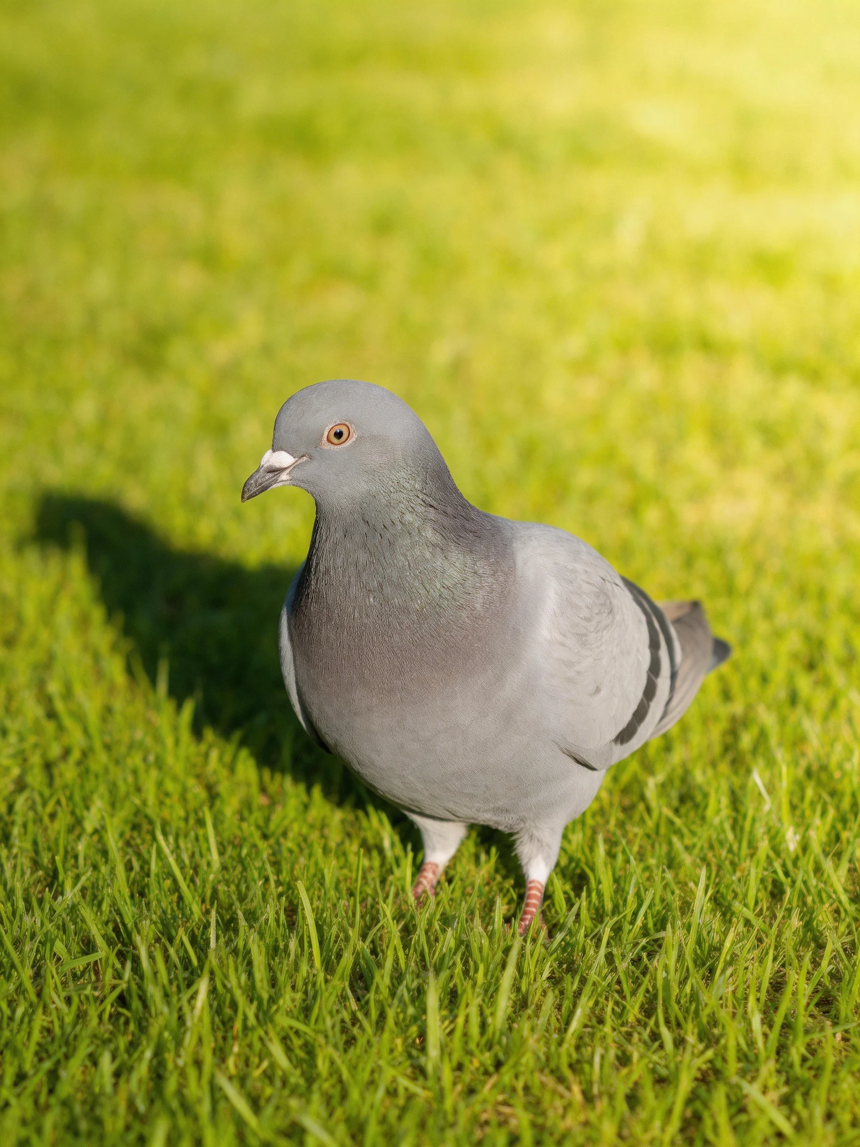A gray pigeon stands on green grass in bright sunlight.