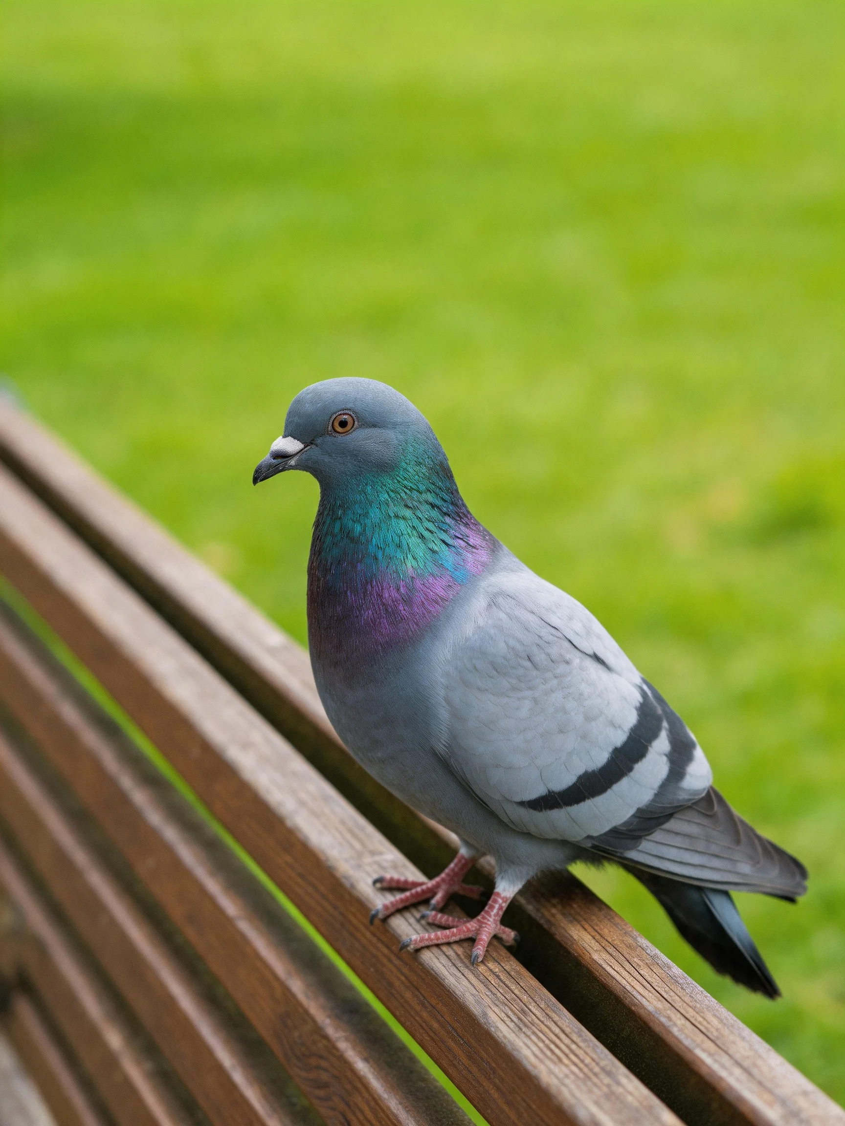 A gray pigeon with teal and purple plumage perched on a brown wooden bench