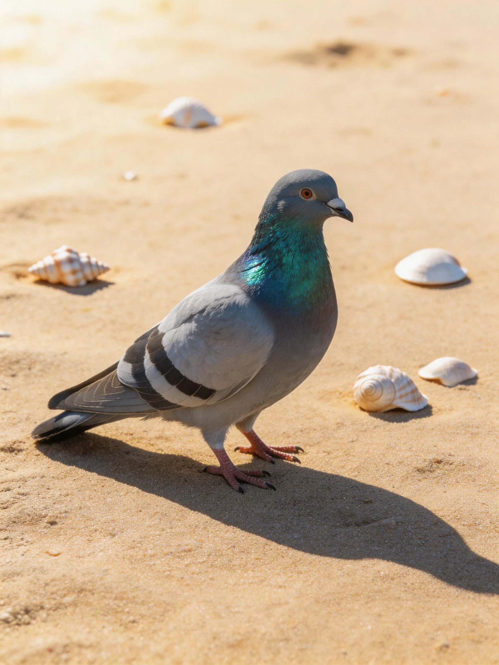 A gray pigeon with teal neck on sandy beach near seashells