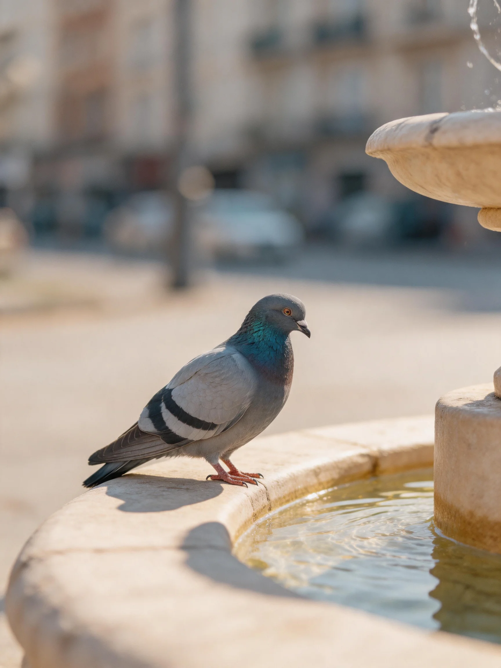 A gray pigeon with teal neck perches by a stone fountain with clear water