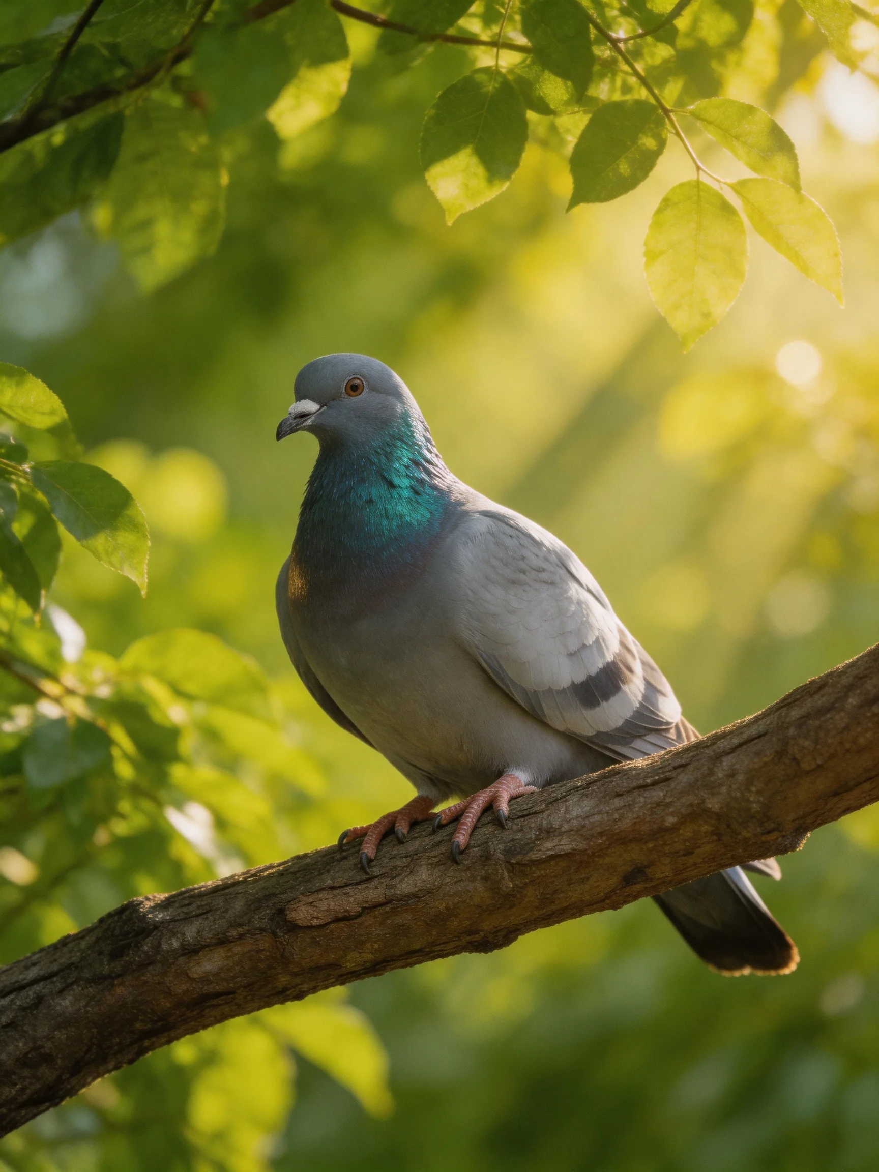 A gray pigeon with turquoise neck perches on a tree branch amid lush green foliage