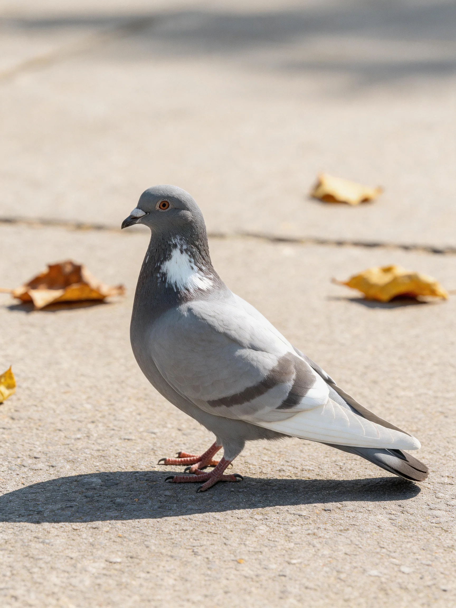 A gray pigeon with white markings on pavement near autumn leaves