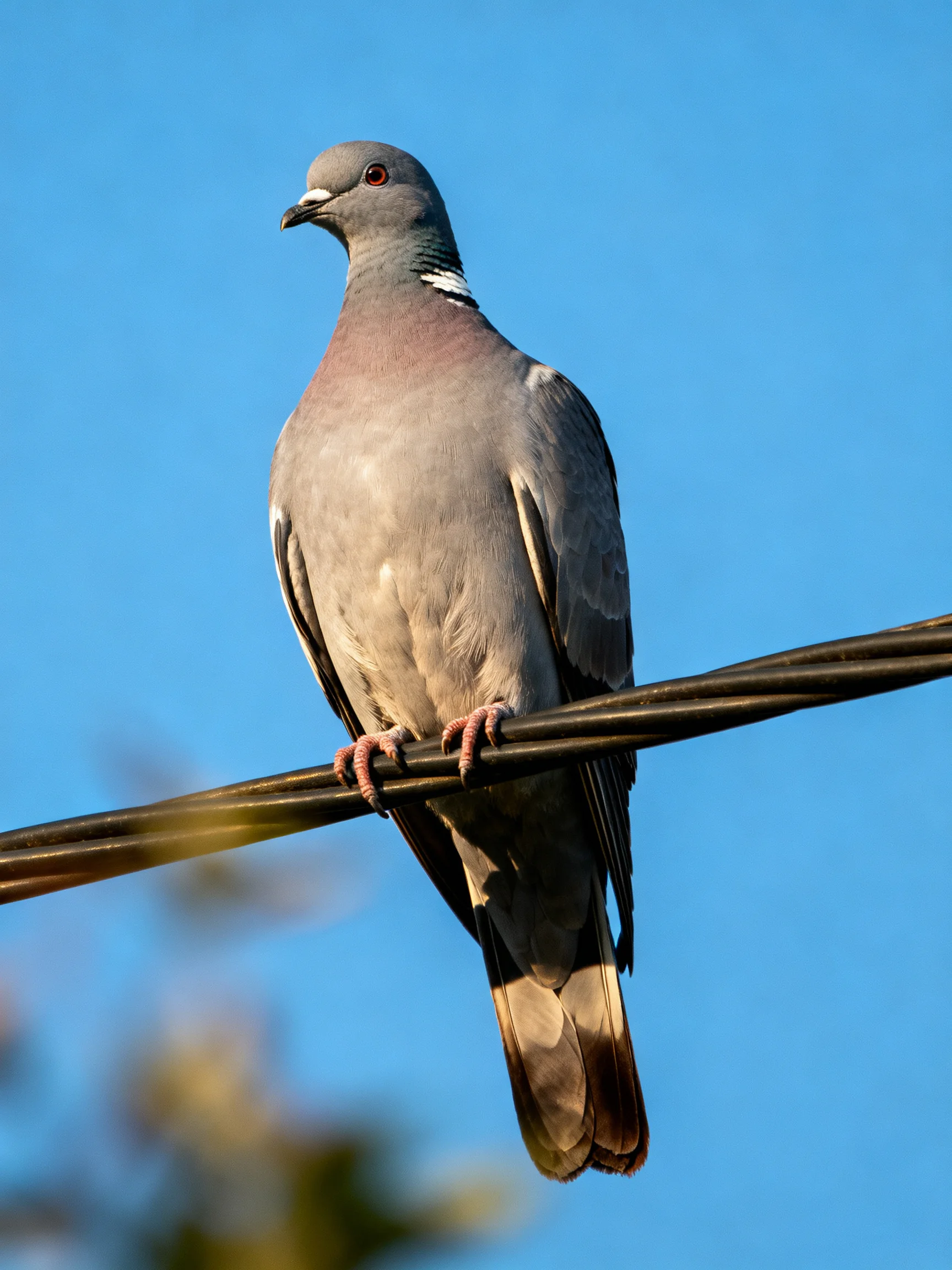 A gray pigeon with white markings perched on a dark wire under a clear blue sky