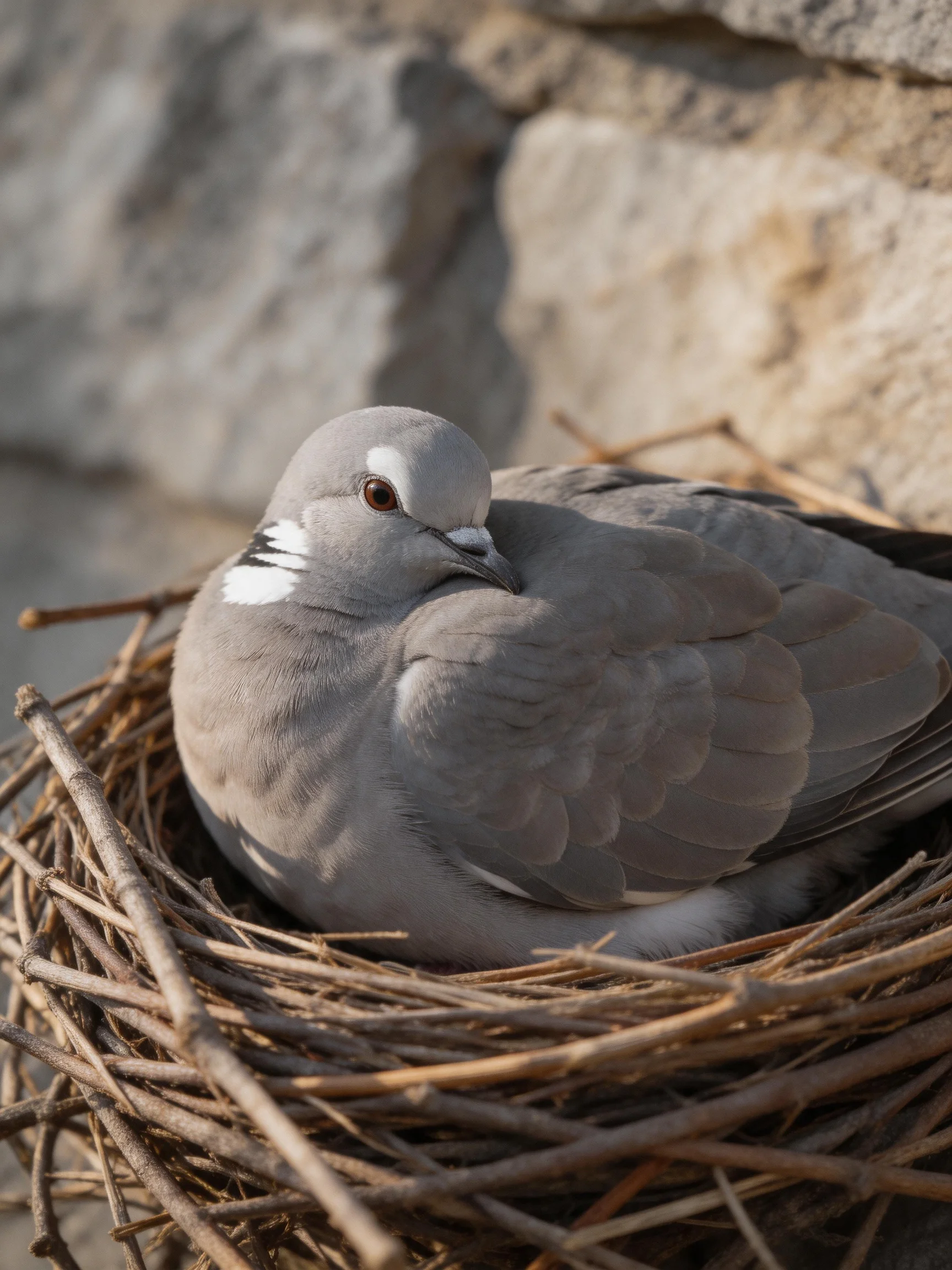 A gray pigeon with white markings rests in a twig nest near a stone wall