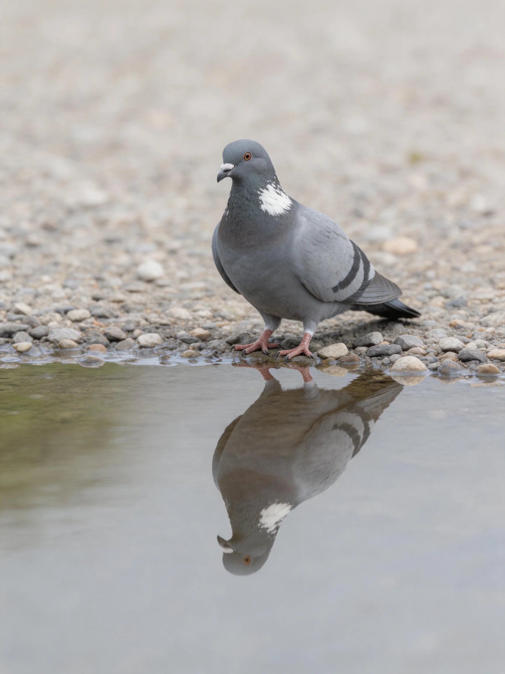 A gray pigeon with white neck markings near calm water on pebbly ground