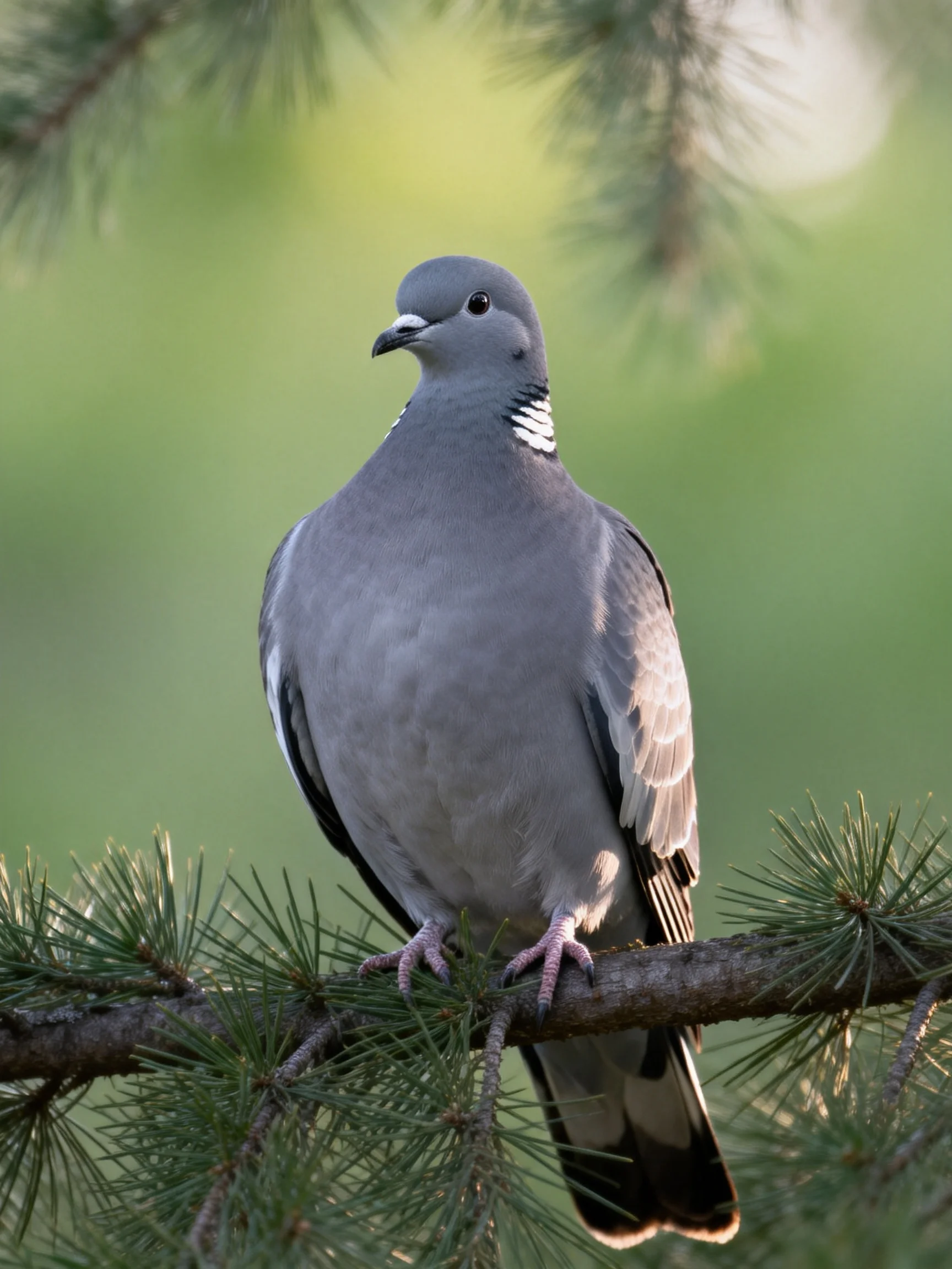 A gray pigeon with white neck markings perches on pine branches