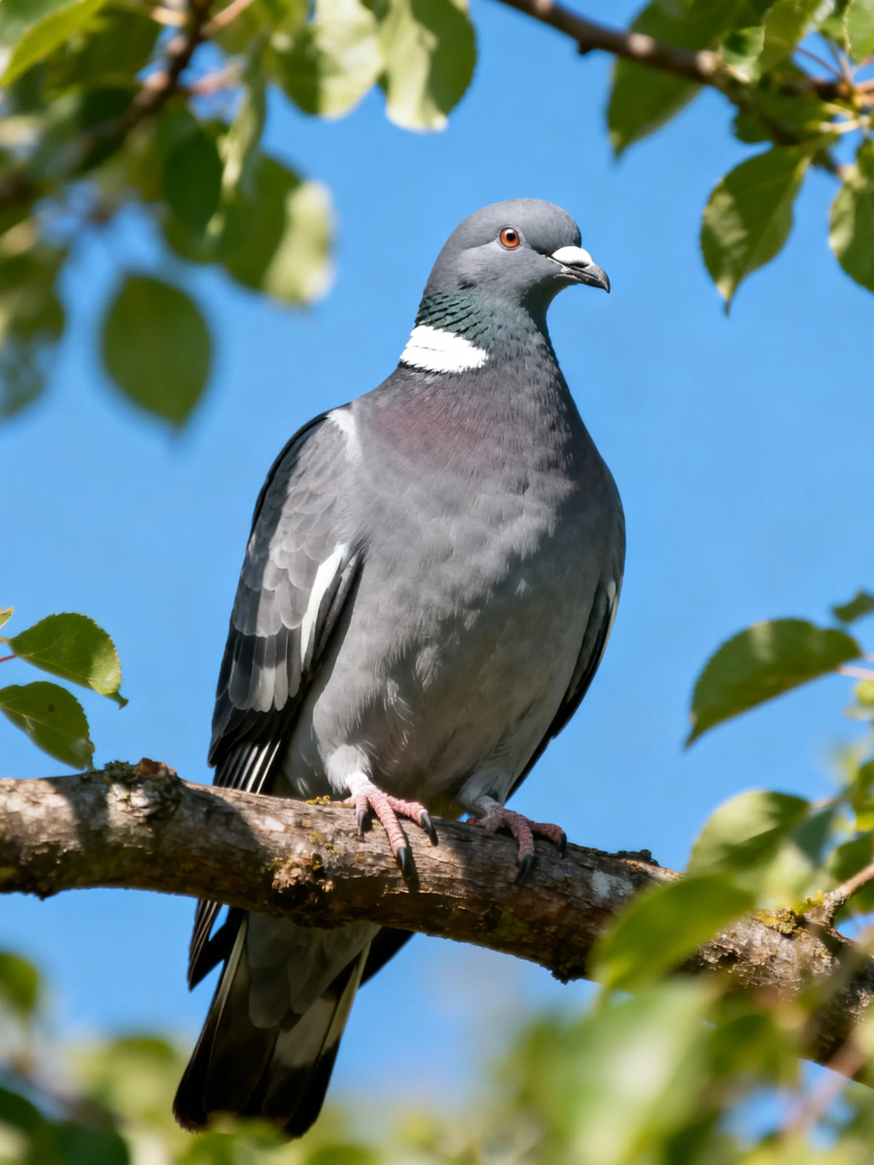 A gray pigeon with white neck patch perched on a tree branch