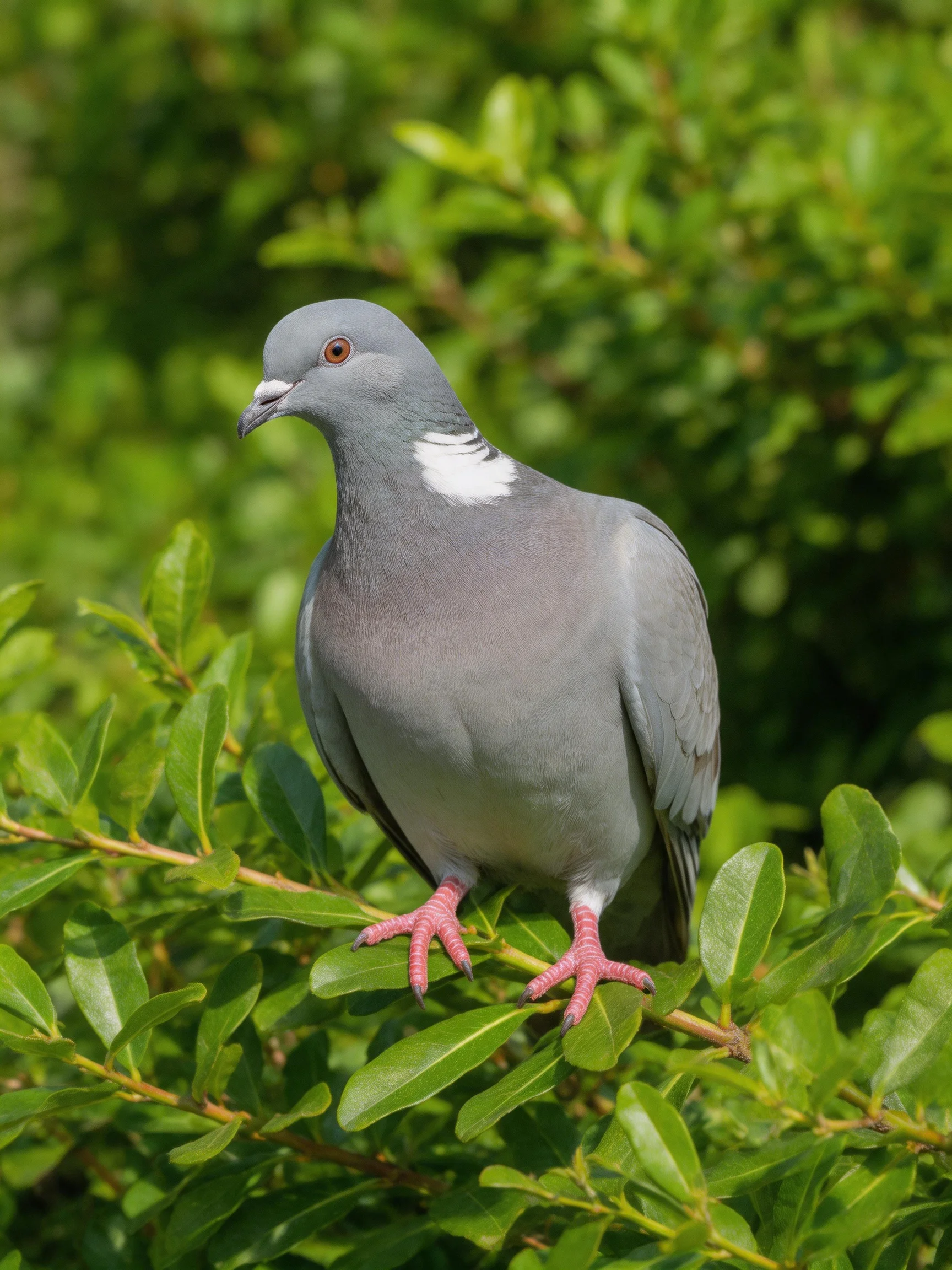 A gray pigeon with white neck patch perches on green foliage