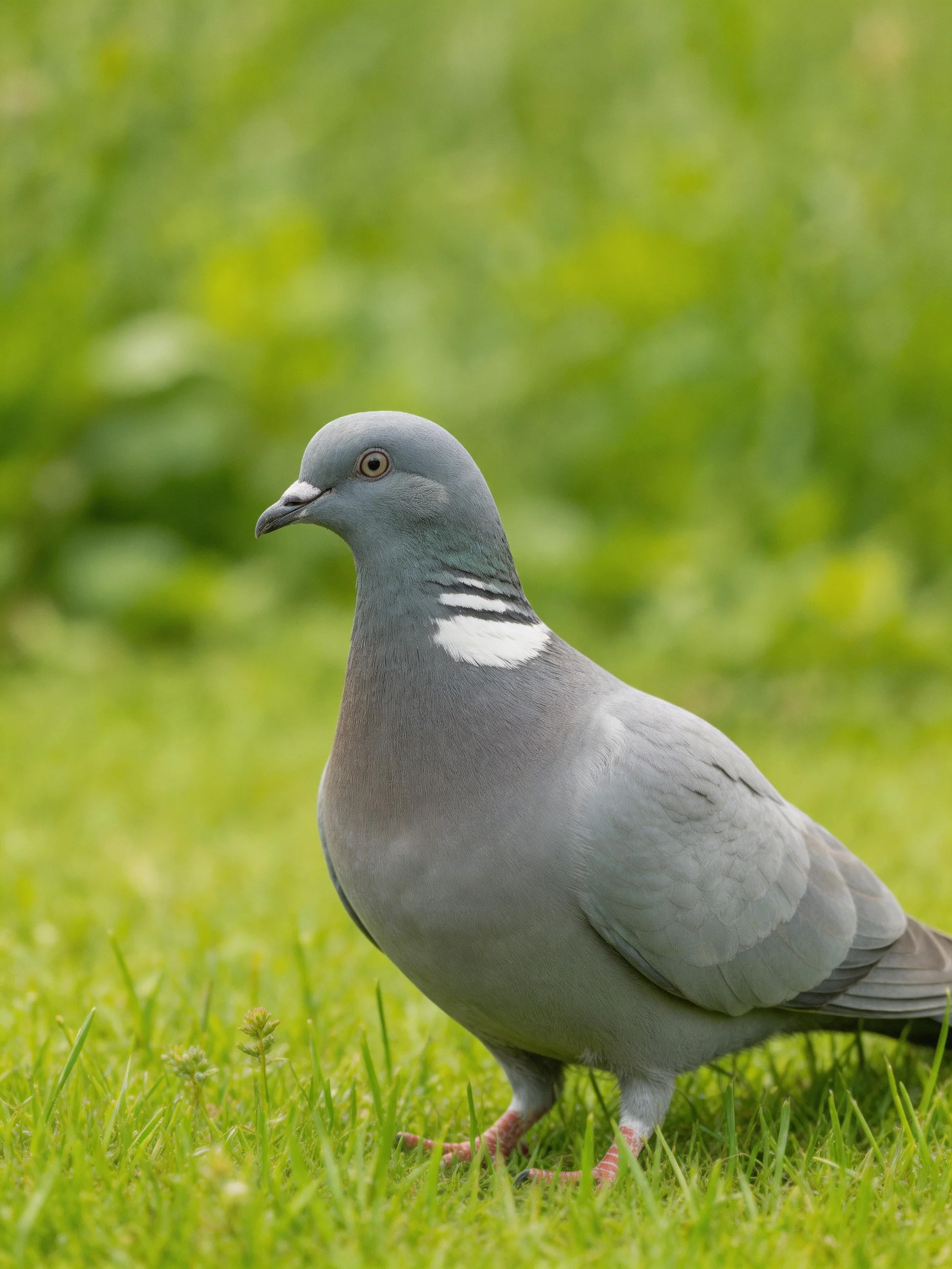 A gray pigeon with white neck patches on lush green grass