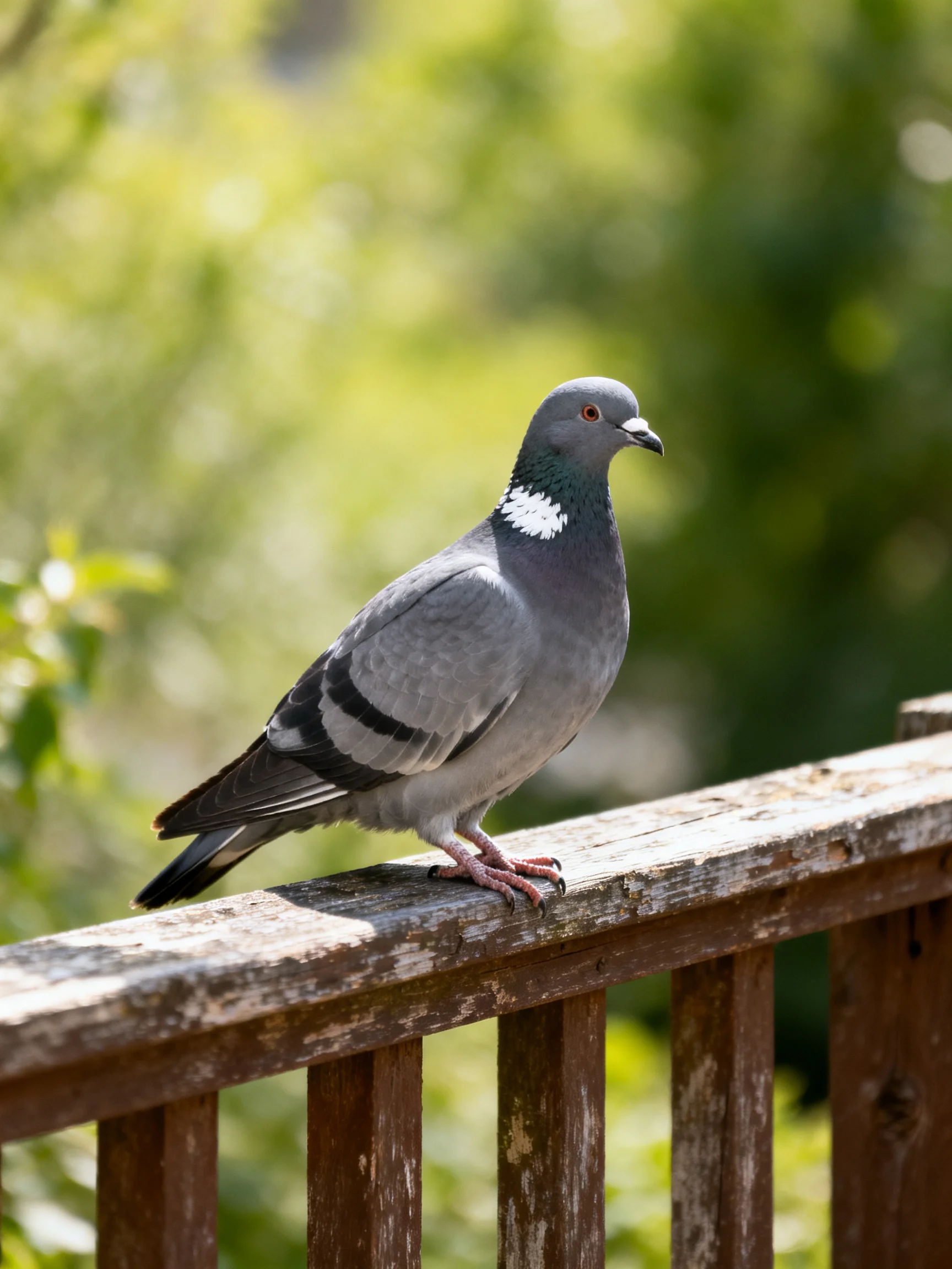 A gray pigeon with white neck patches perches on a weathered wooden railing