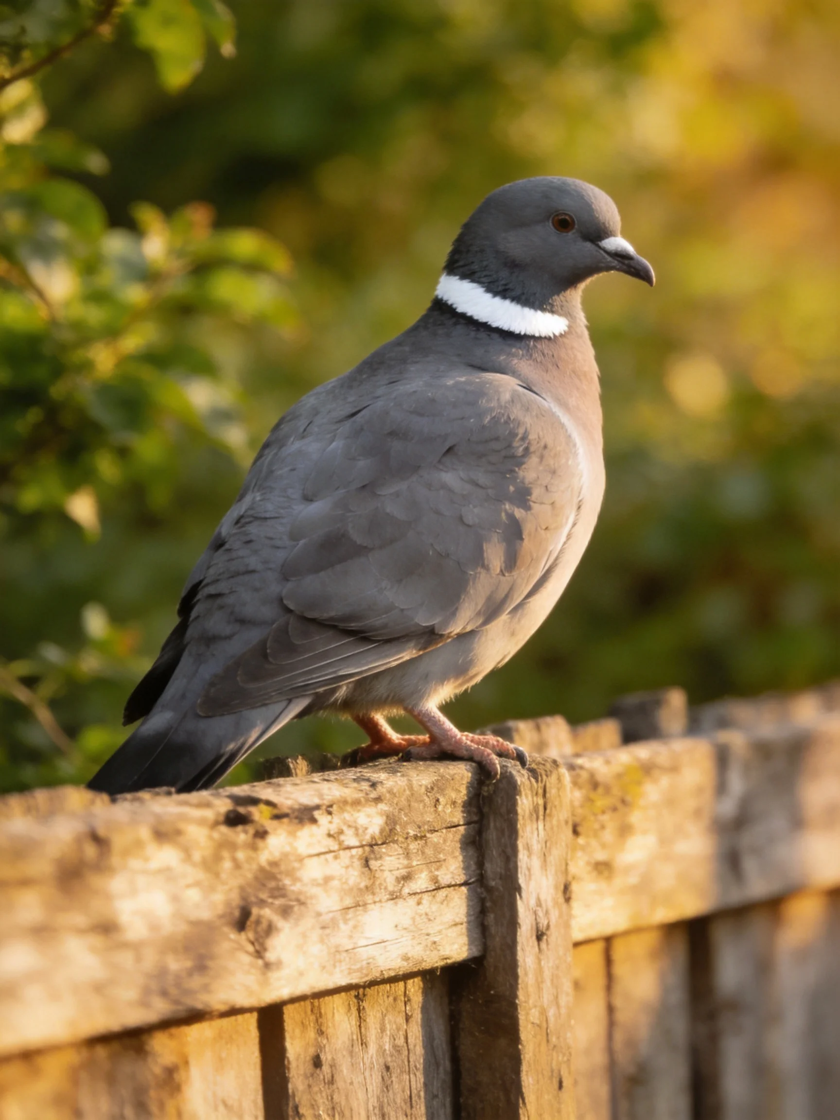 A gray pigeon with white neck perched on an aged wooden fence