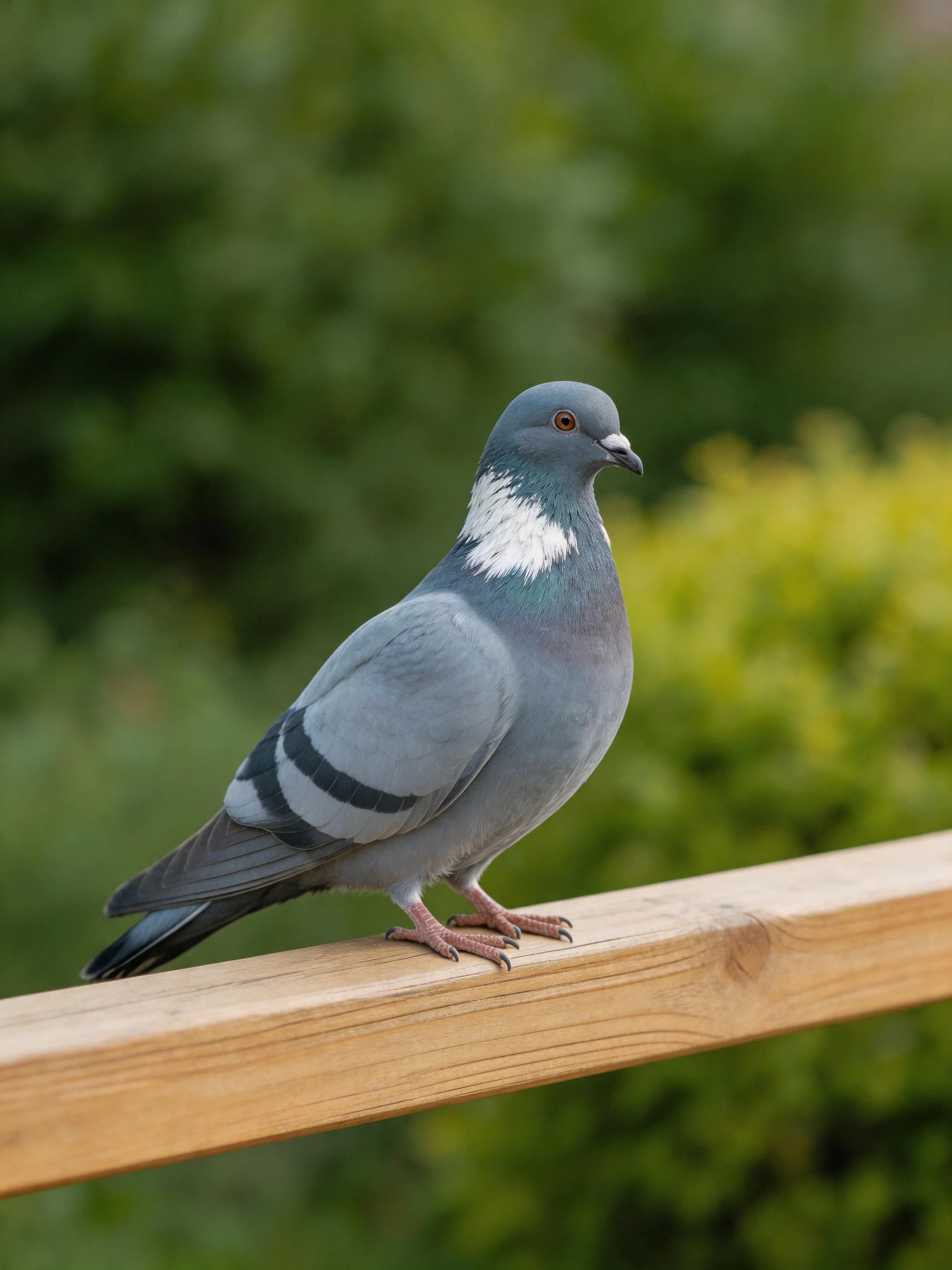A gray pigeon with white neck perches on a wooden rail amid lush greenery