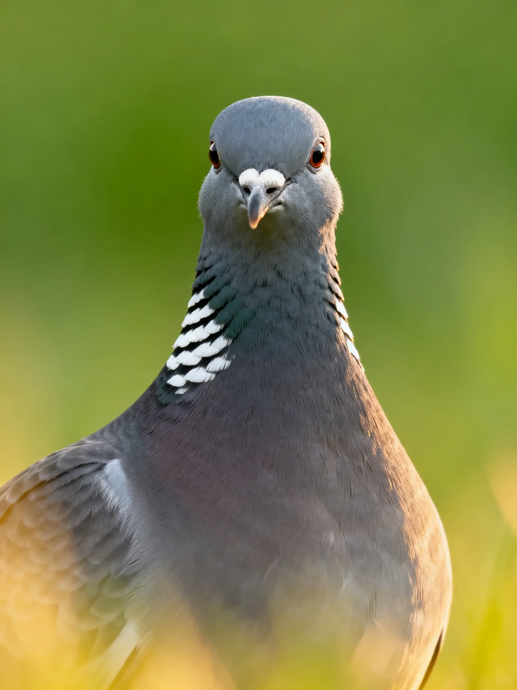 A gray pigeon with white neck stripes in a blurred green setting