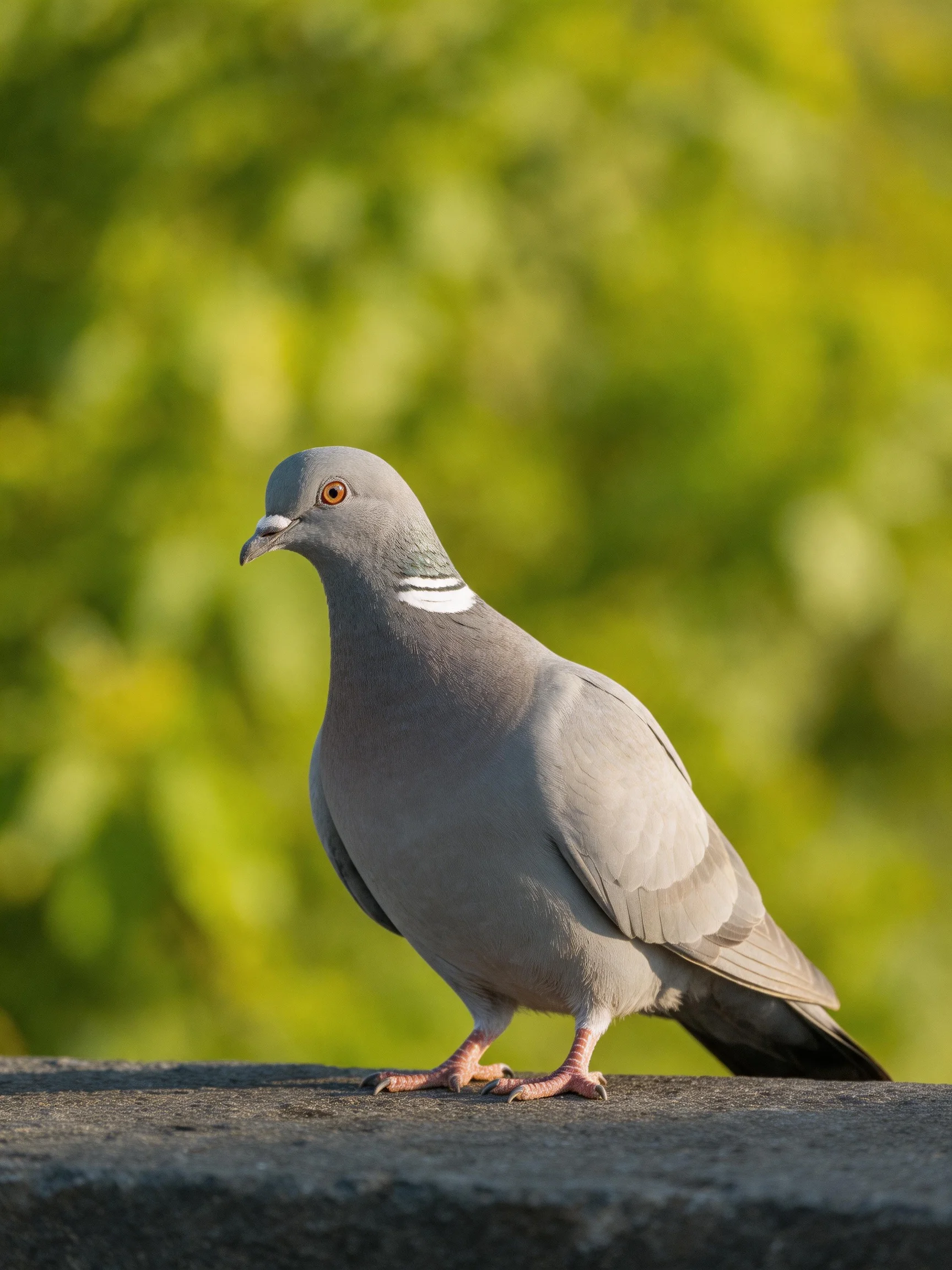 A gray pigeon with white neck stripes perched on a dark ledge