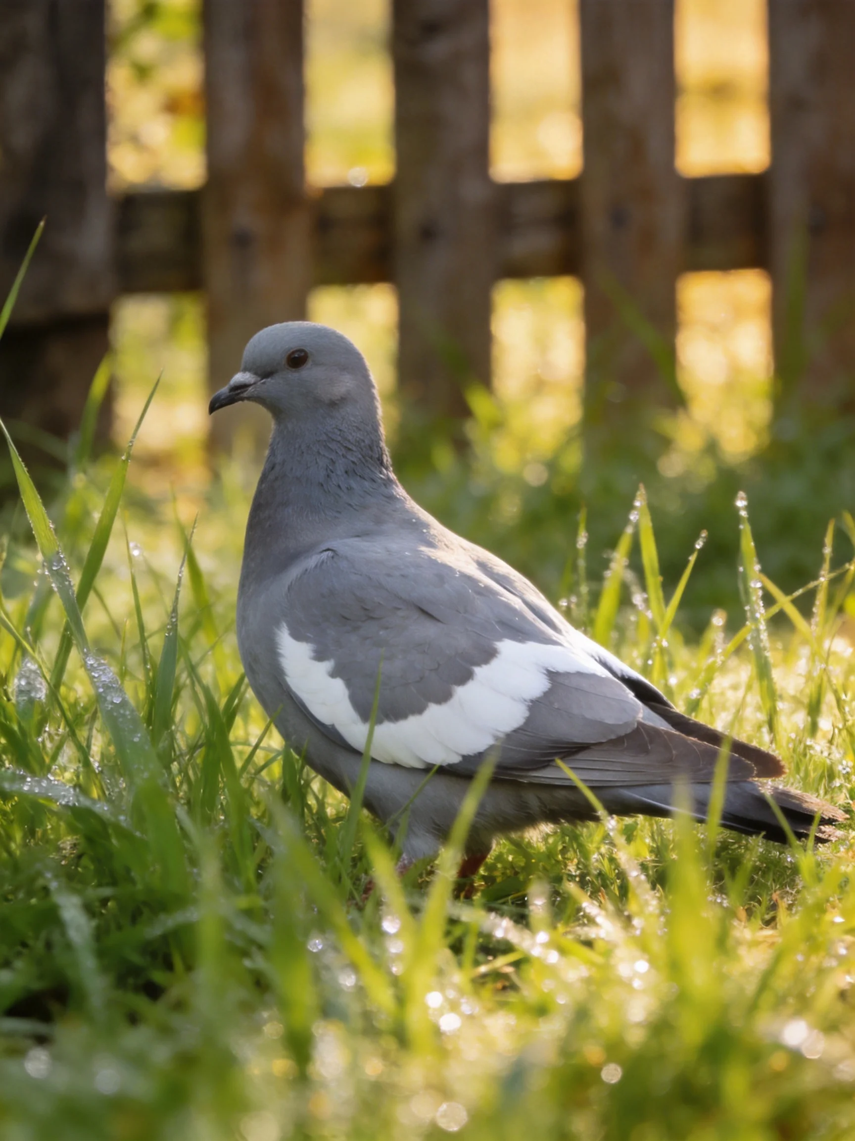 A gray pigeon with white wing patches stands among dewy green grass near a wooden fence