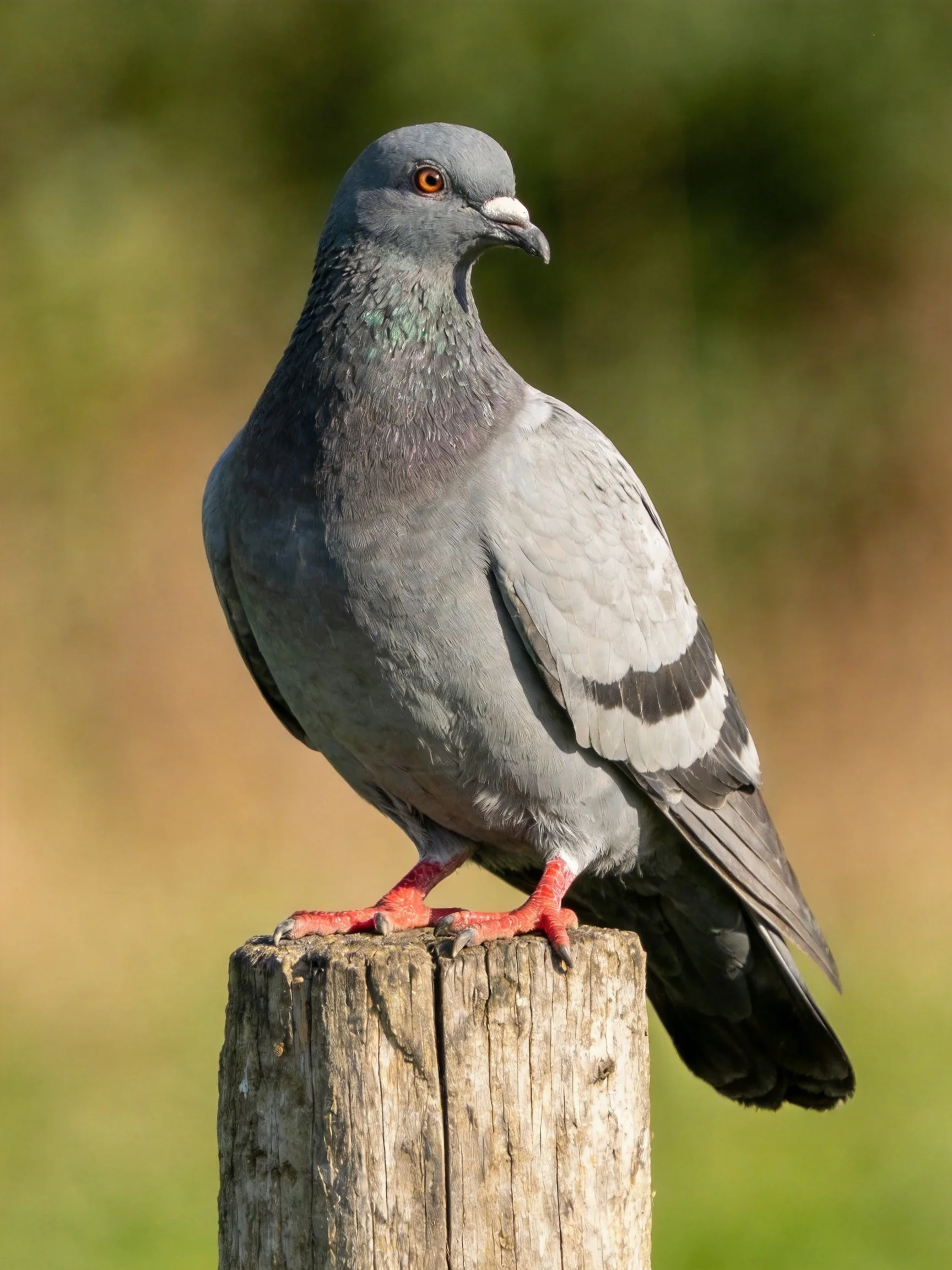 A gray pigeon withblack wing stripes perches on a weathered wooden post