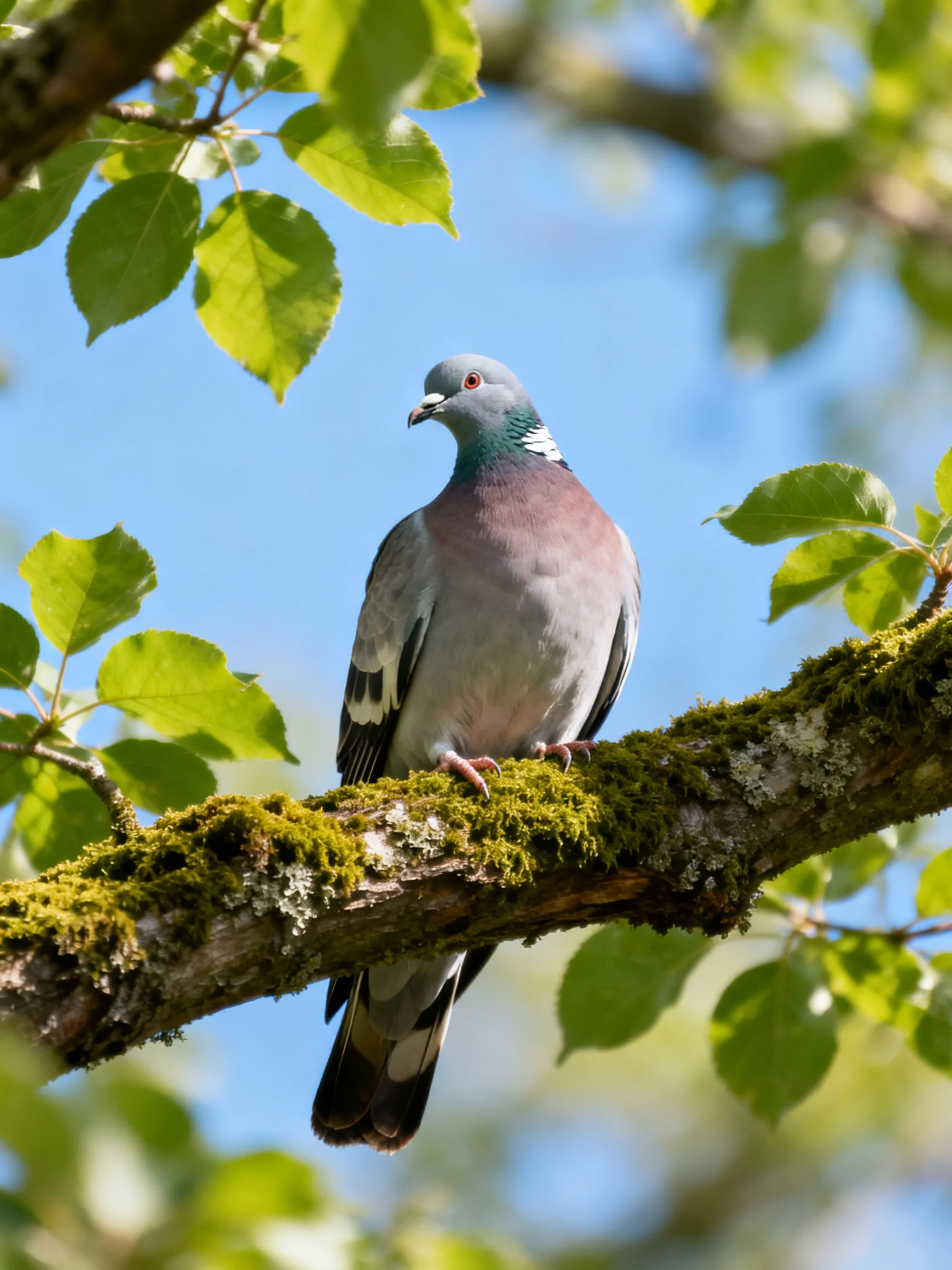 A multicolored pigeon sits on a mossy tree branch amid green foliage
