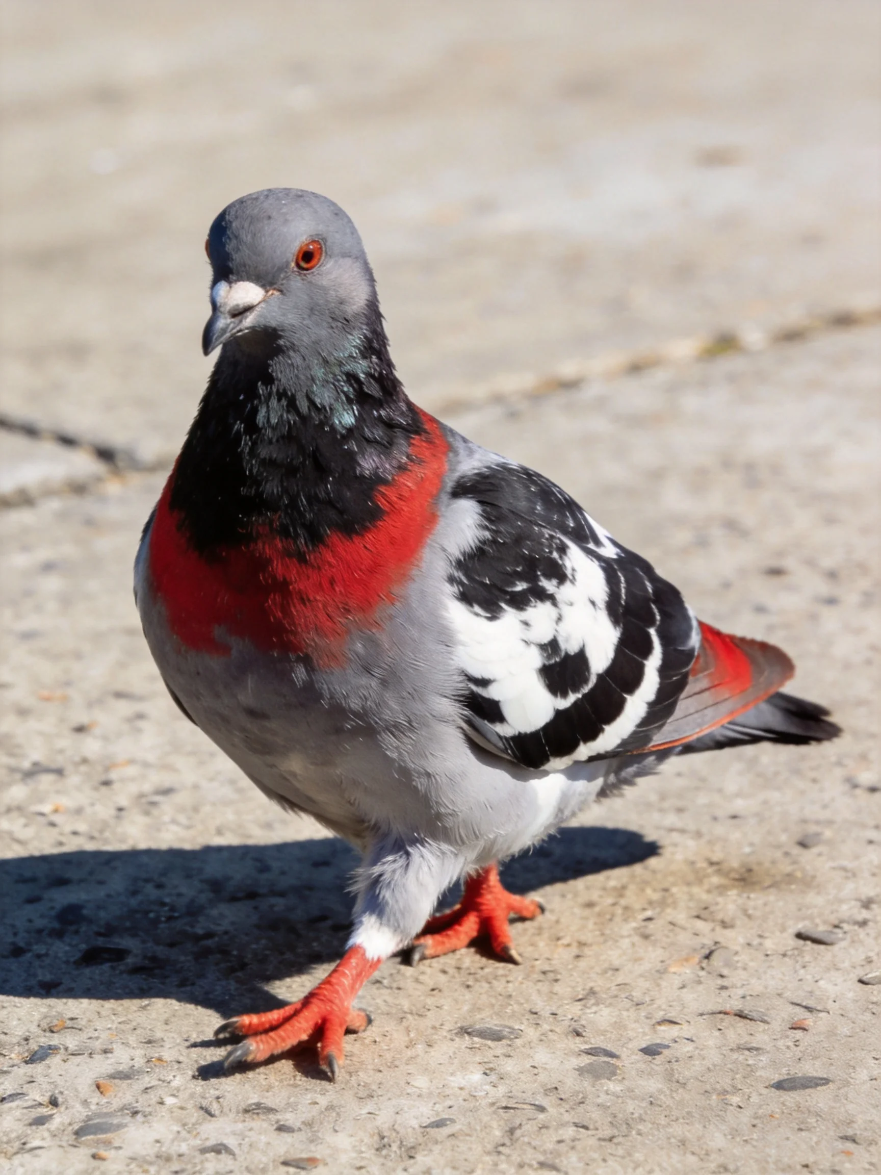 A gray, red, and black pigeon on a smooth concrete surface