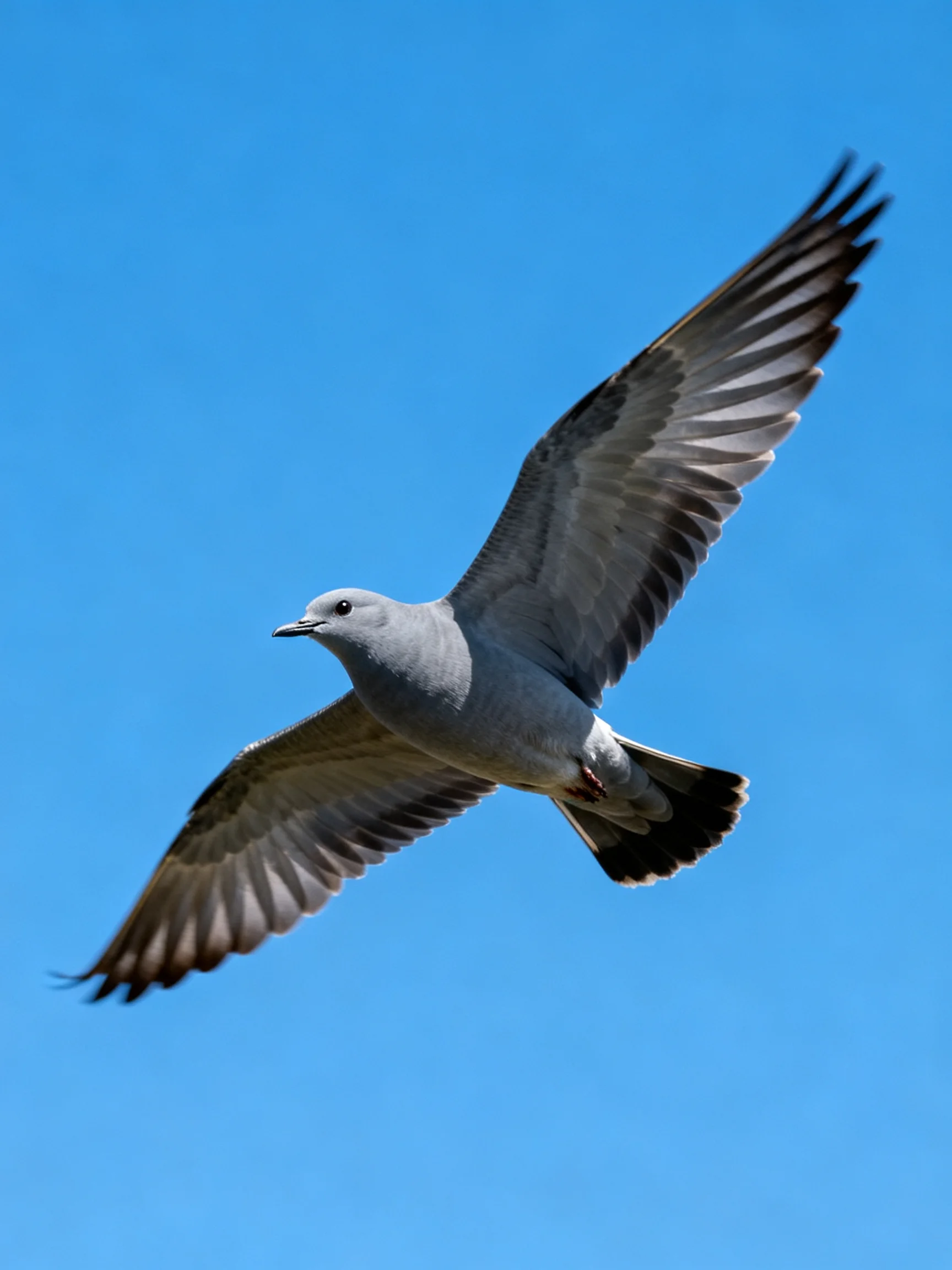 A gray seagull soars with outstretched wings against a clear blue sky