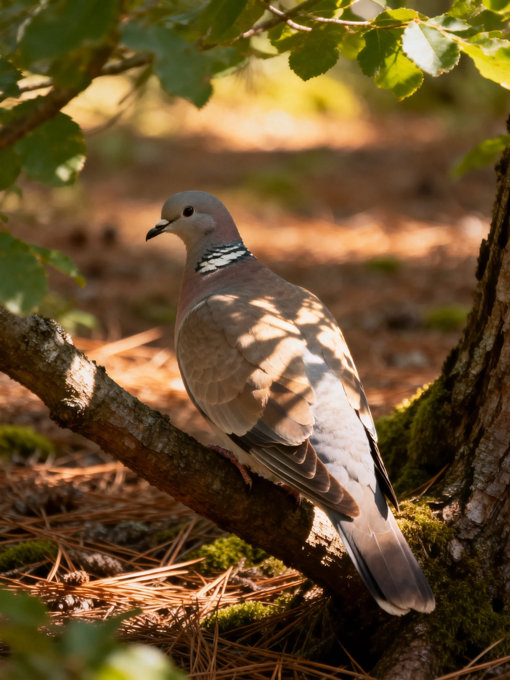 A gray-spotted dove perched on a mossy tree branch