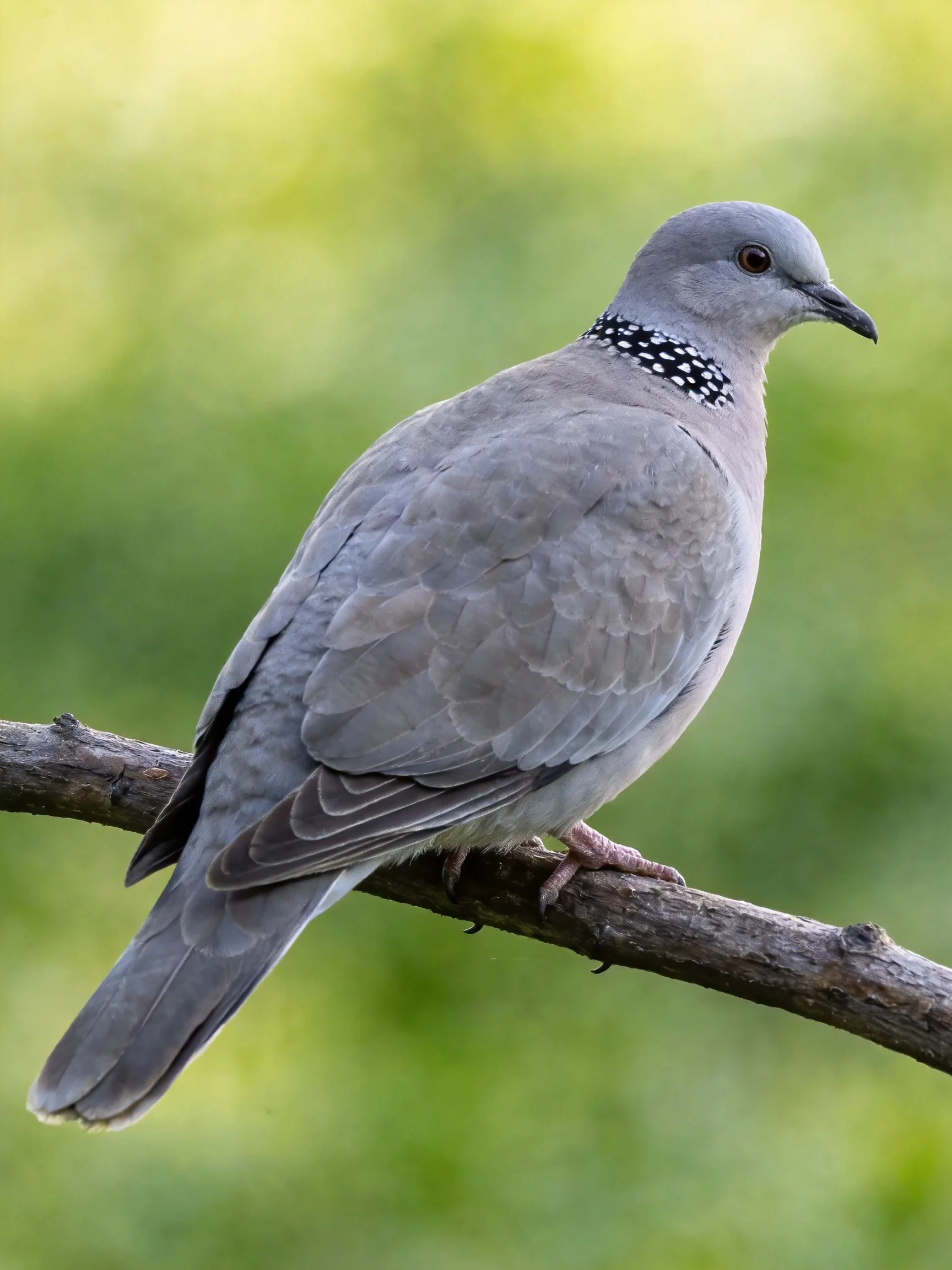 A gray-spotted dove perches on a dark wooden branch